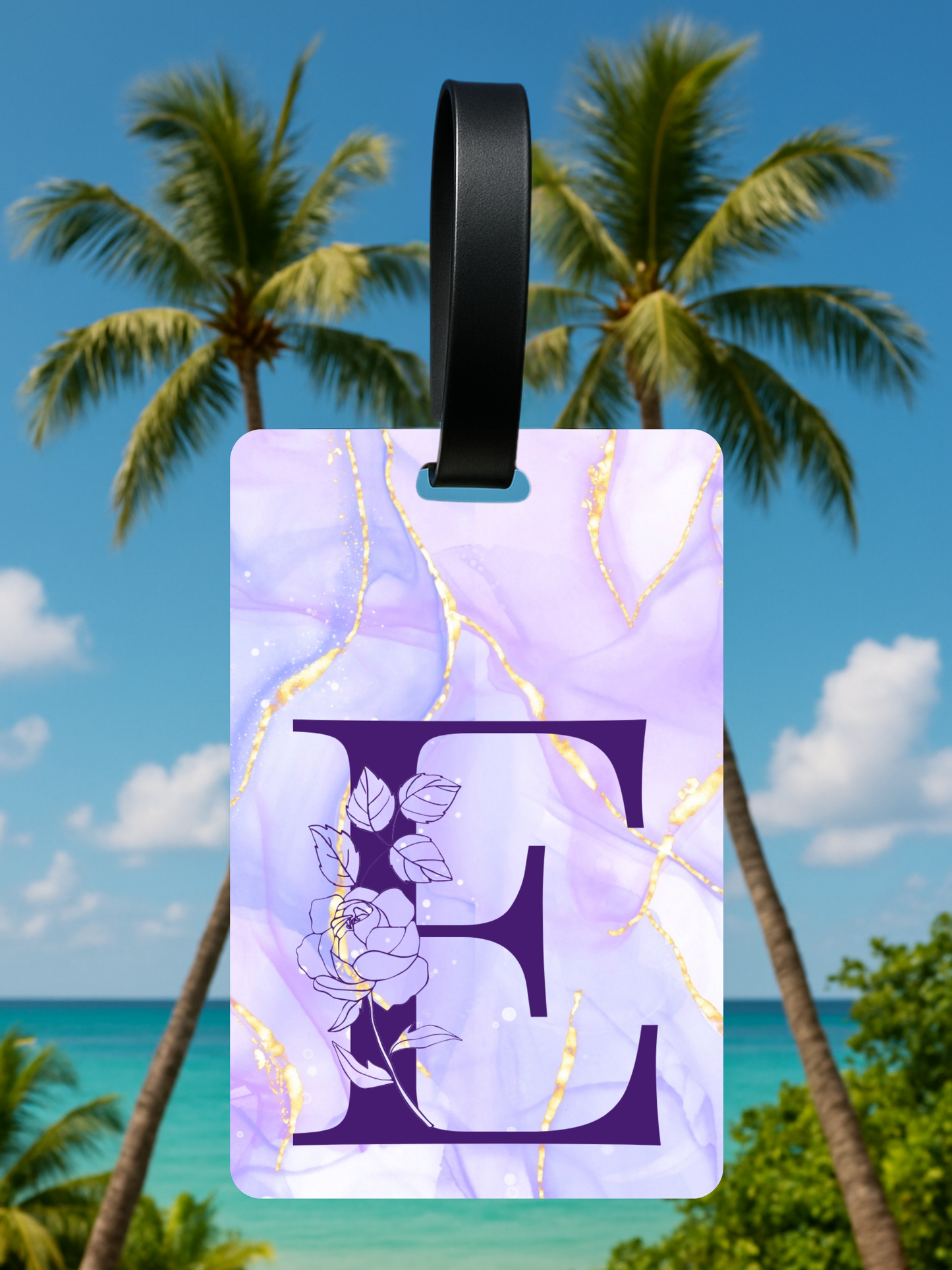 Purple Marble Monogram Luggage Tag – Custom Floral Initial Travel Tag