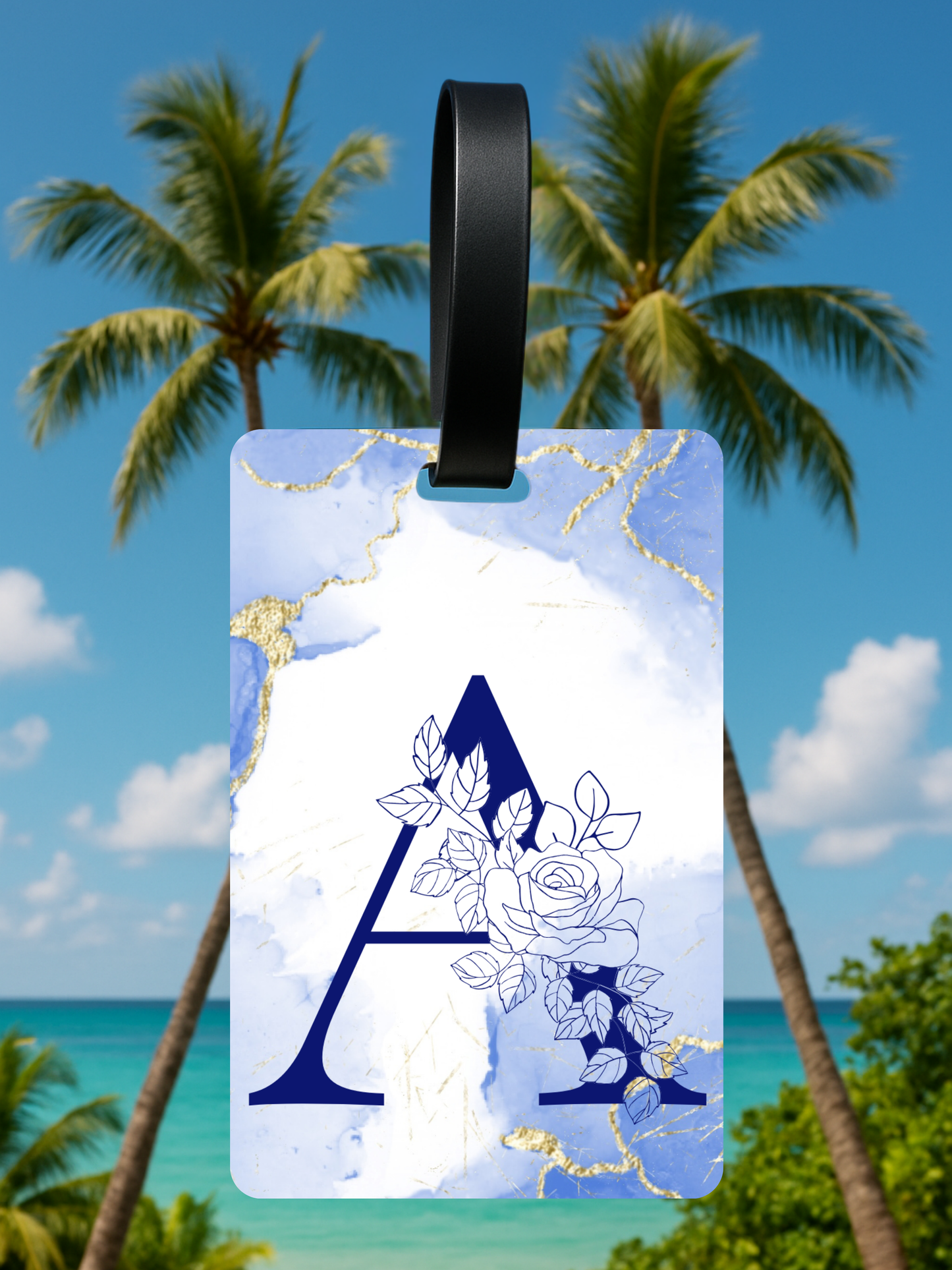 Blue Marble Monogram Luggage Tag – Custom Floral Initial Travel Tag