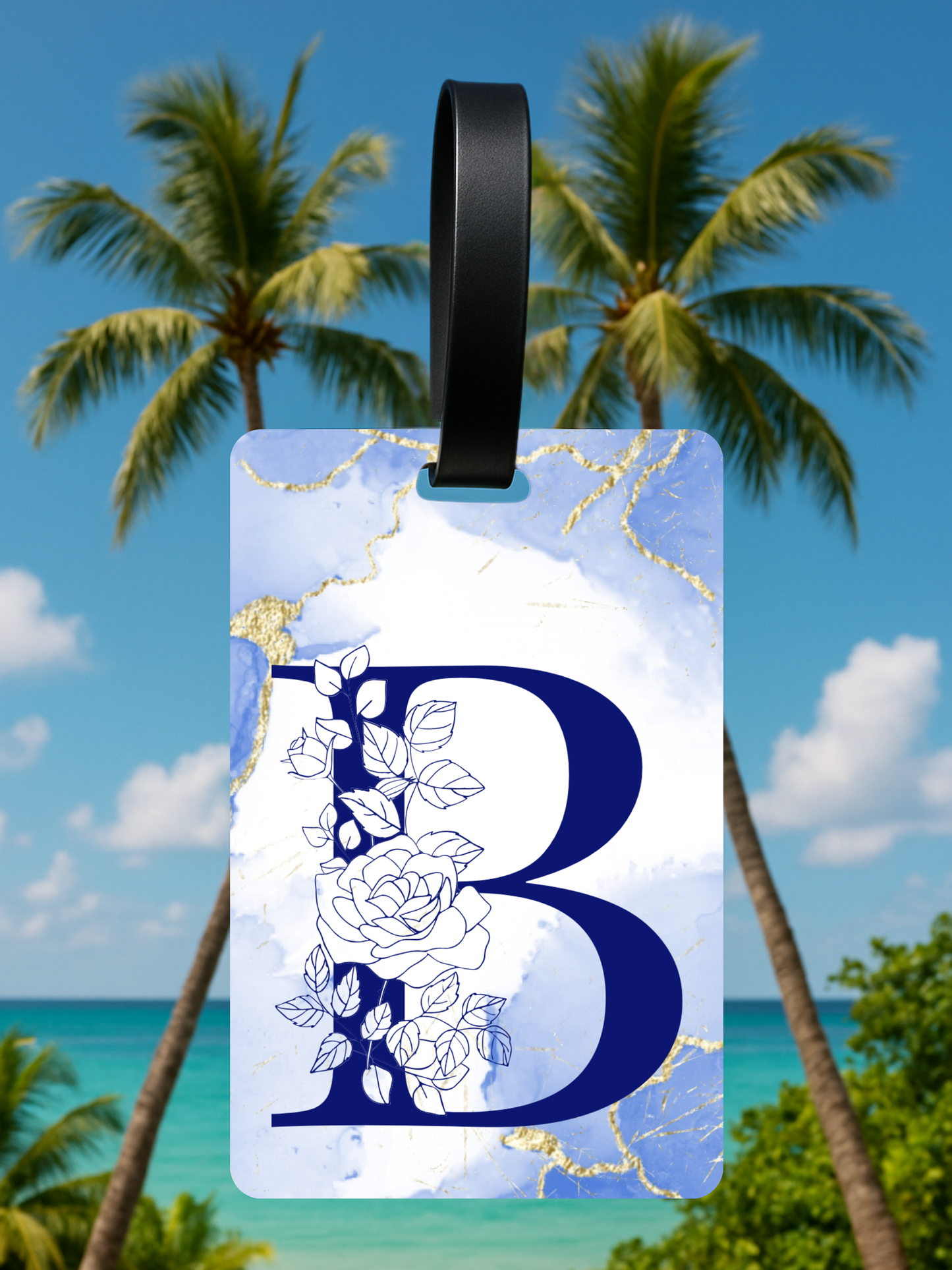 Blue Marble Monogram Luggage Tag – Custom Floral Initial Travel Tag