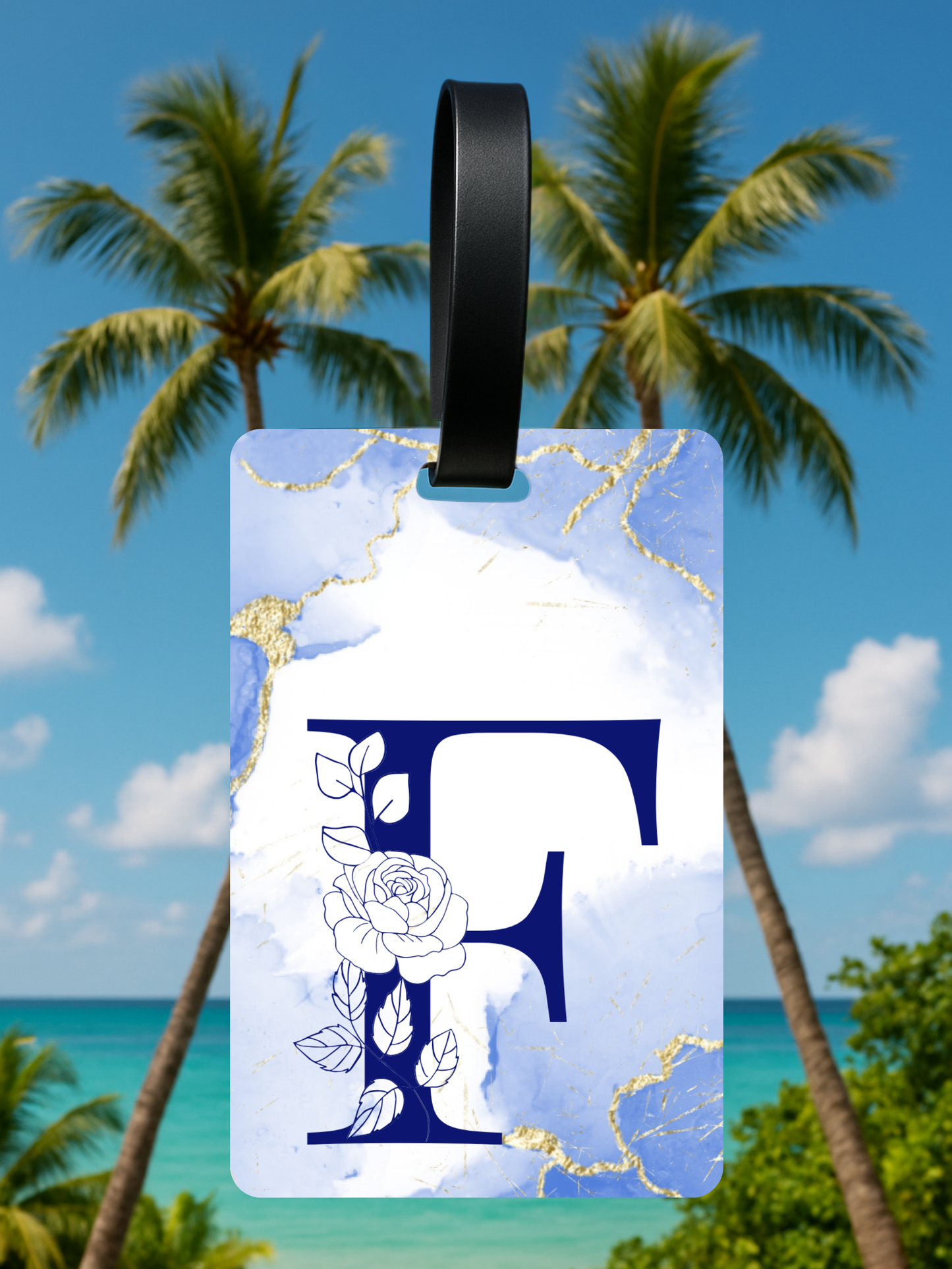 Blue Marble Monogram Luggage Tag – Custom Floral Initial Travel Tag