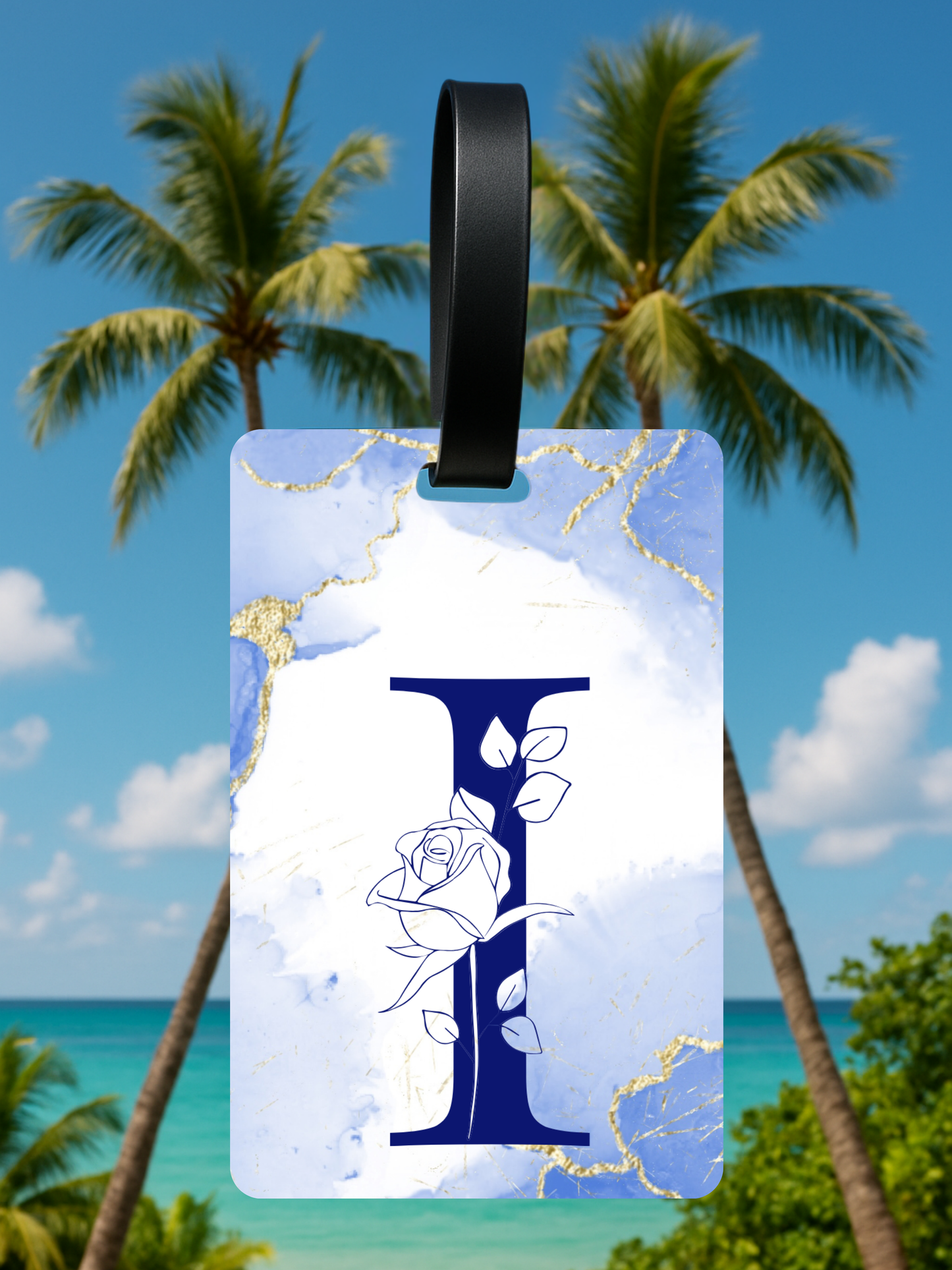 Blue Marble Monogram Luggage Tag – Custom Floral Initial Travel Tag