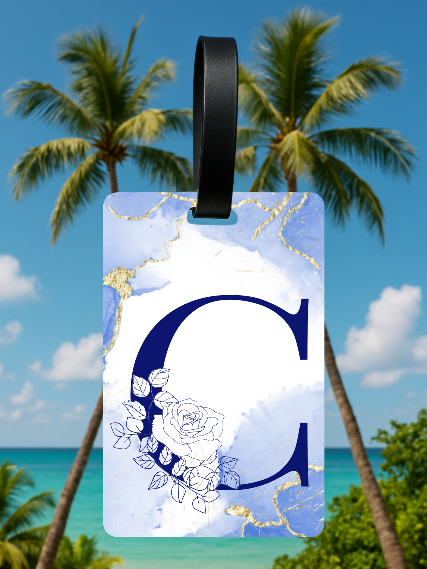 Blue Marble Monogram Luggage Tag – Custom Floral Initial Travel Tag