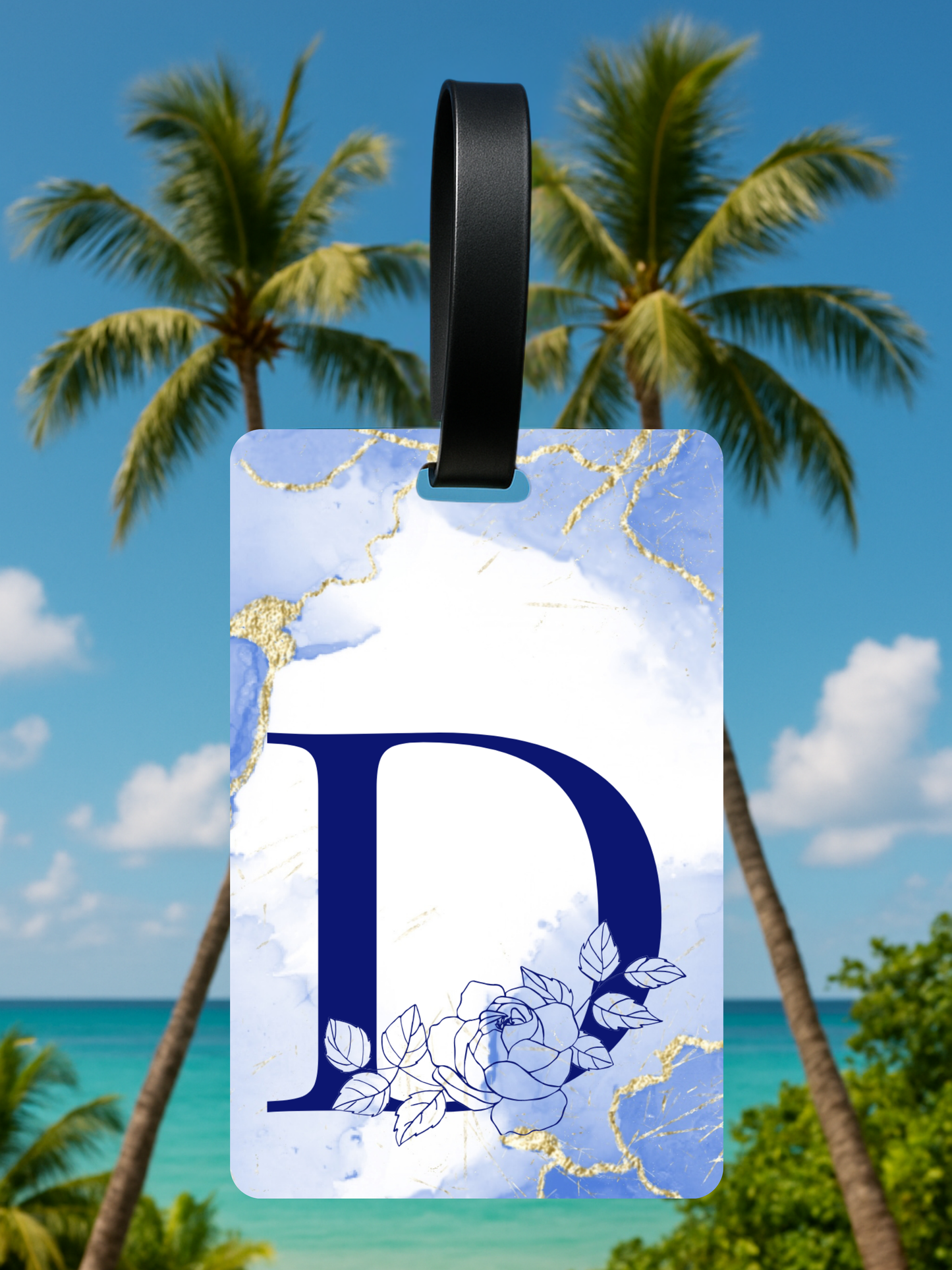 Blue Marble Monogram Luggage Tag – Custom Floral Initial Travel Tag