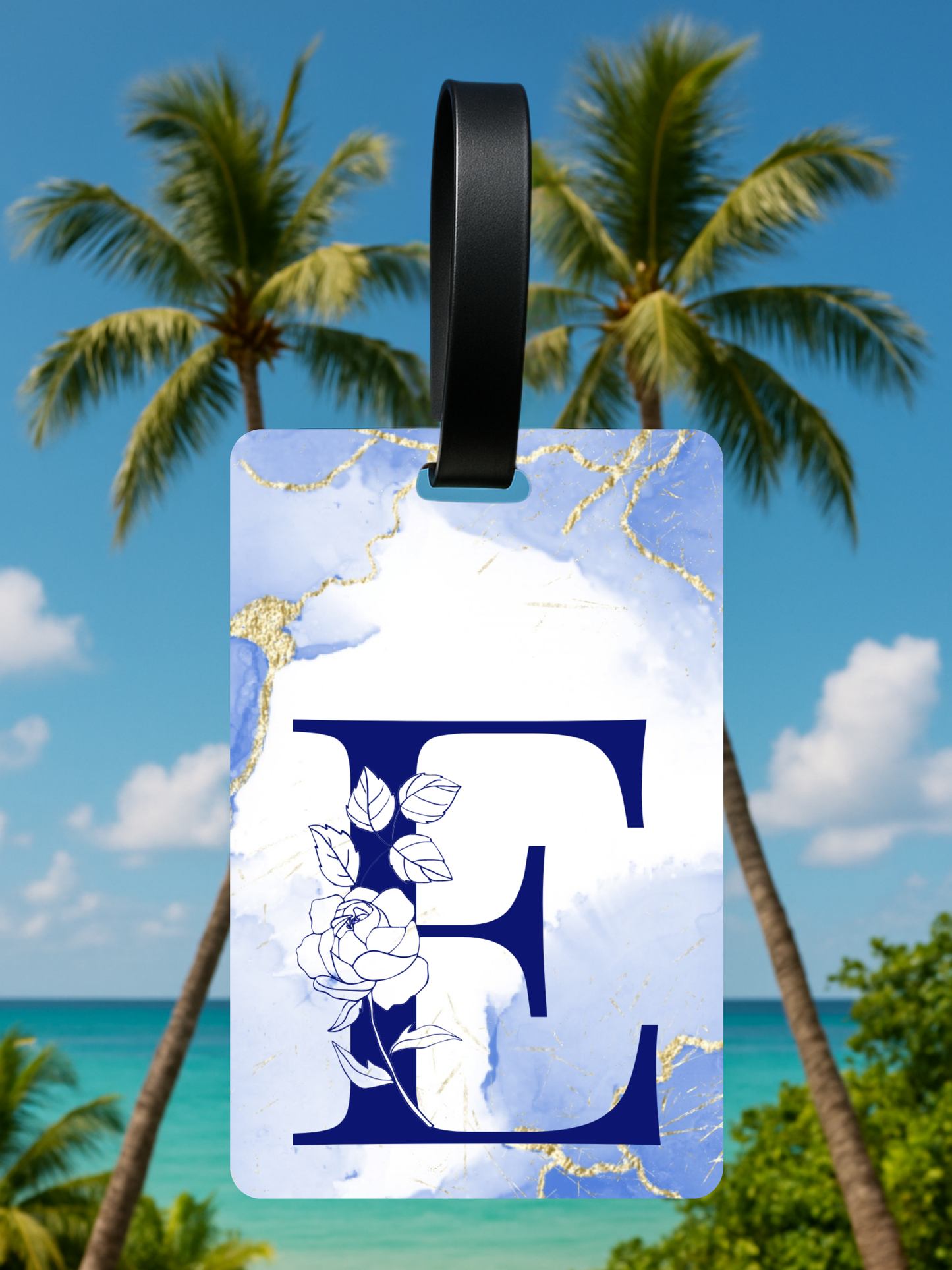 Blue Marble Monogram Luggage Tag – Custom Floral Initial Travel Tag