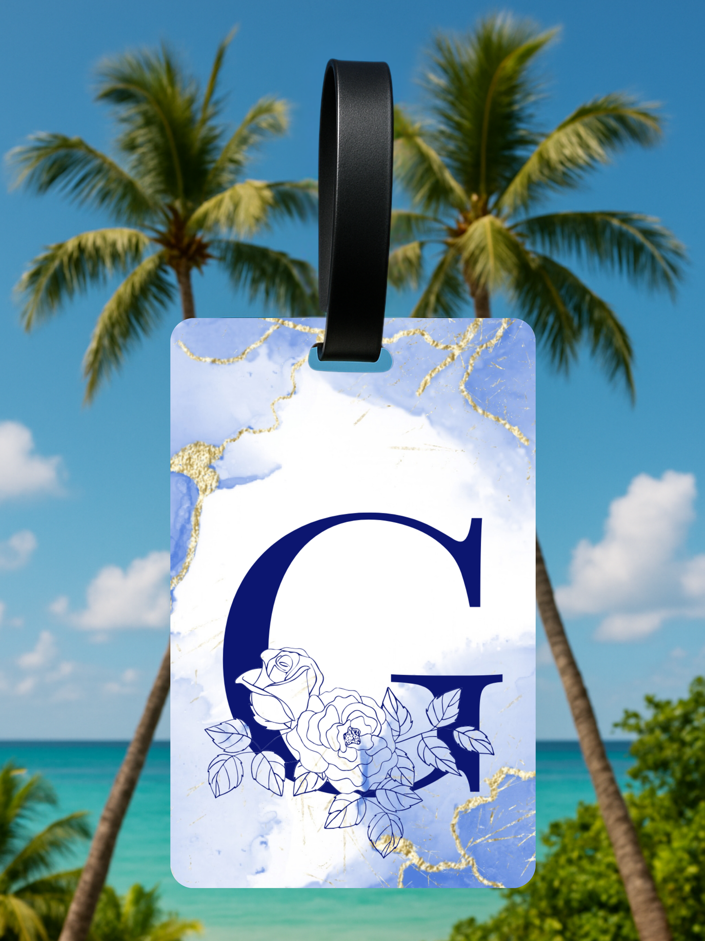 Blue Marble Monogram Luggage Tag – Custom Floral Initial Travel Tag