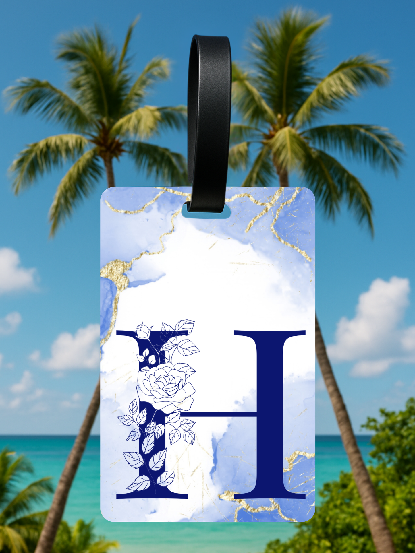 Blue Marble Monogram Luggage Tag – Custom Floral Initial Travel Tag