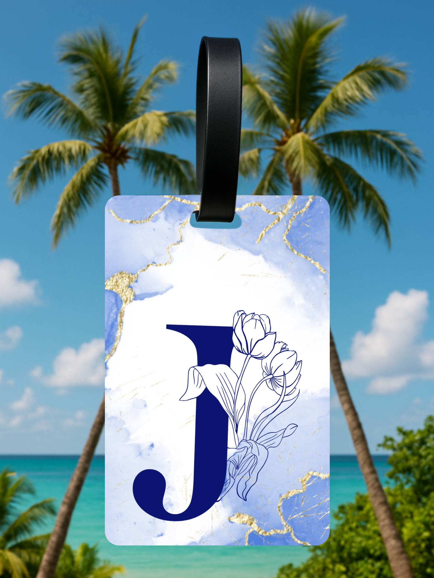Blue Marble Monogram Luggage Tag – Custom Floral Initial Travel Tag