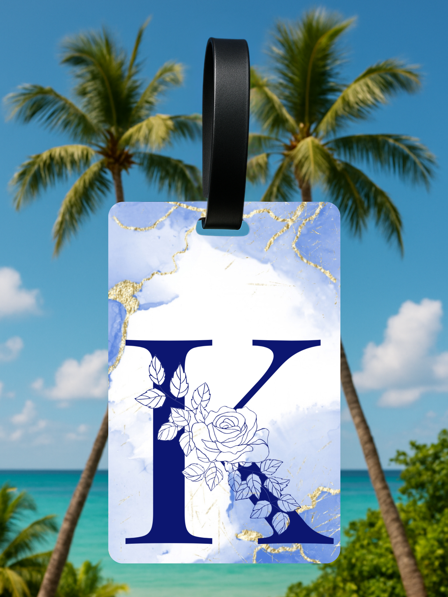 Blue Marble Monogram Luggage Tag – Custom Floral Initial Travel Tag