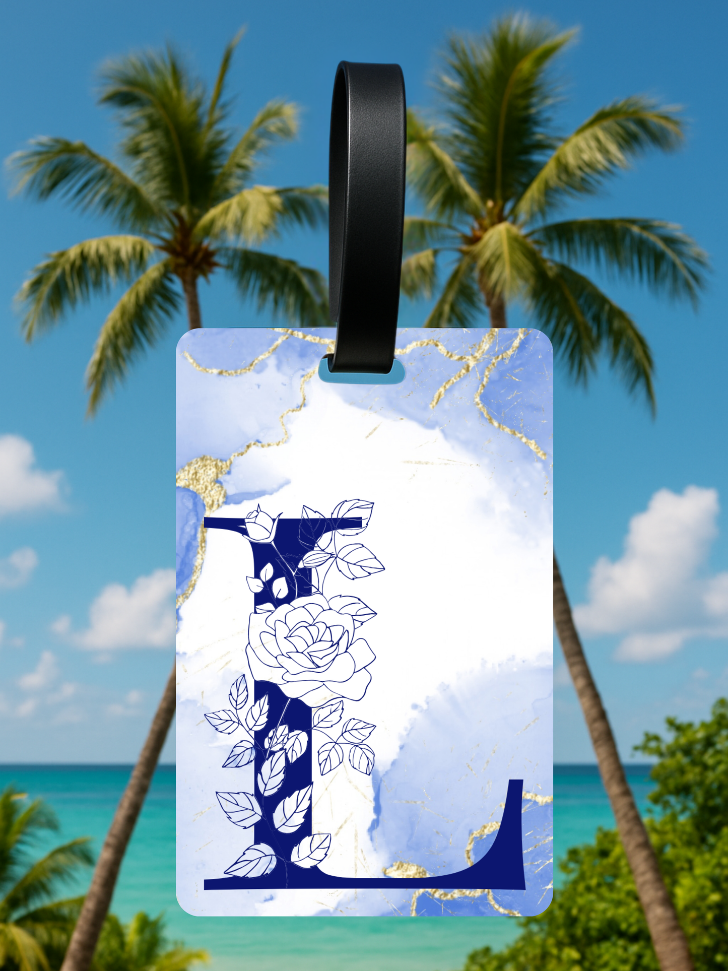 Blue Marble Monogram Luggage Tag – Custom Floral Initial Travel Tag