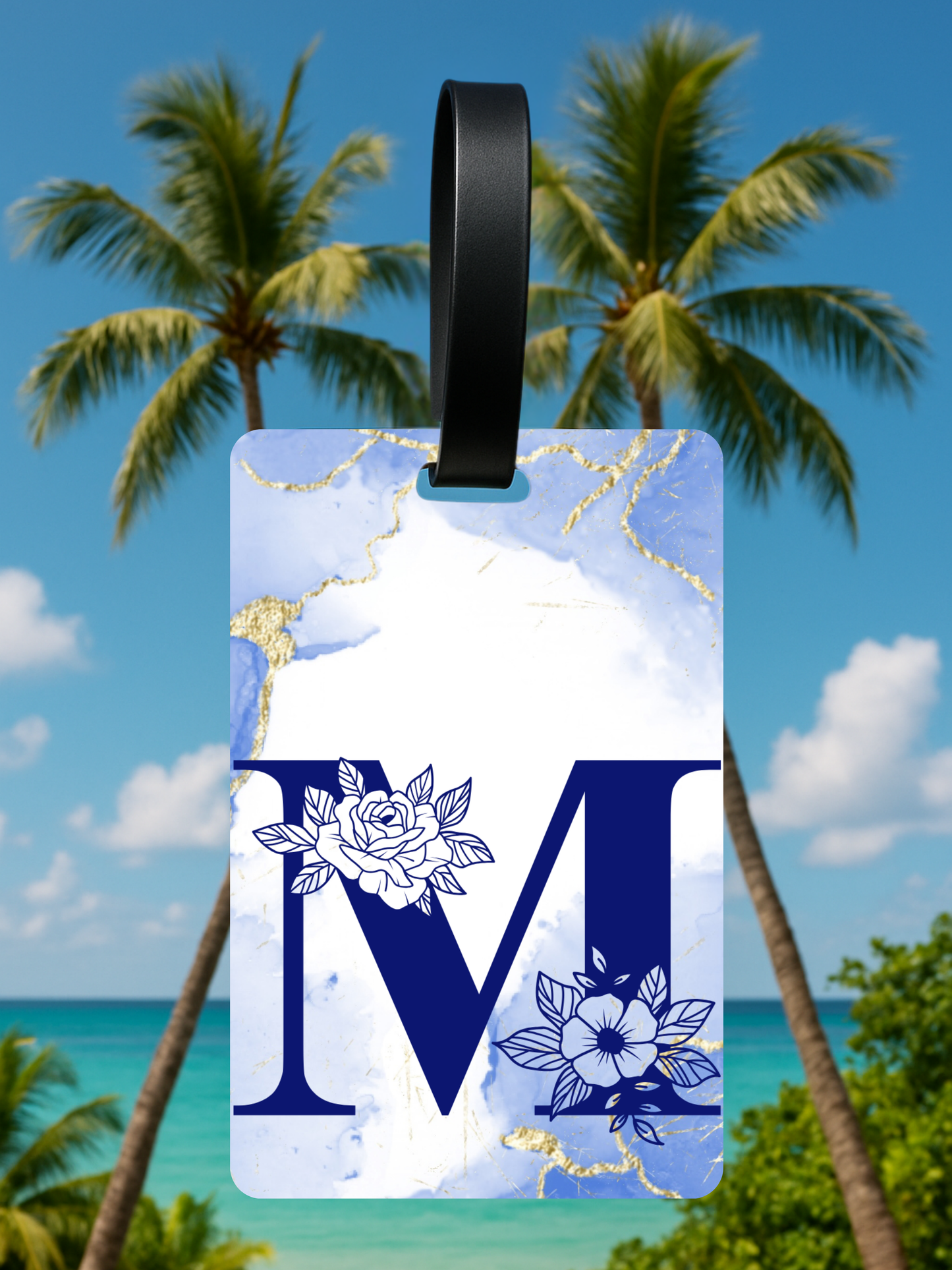 Blue Marble Monogram Luggage Tag – Custom Floral Initial Travel Tag