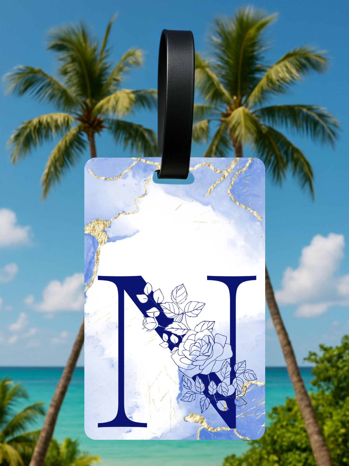 Blue Marble Monogram Luggage Tag – Custom Floral Initial Travel Tag