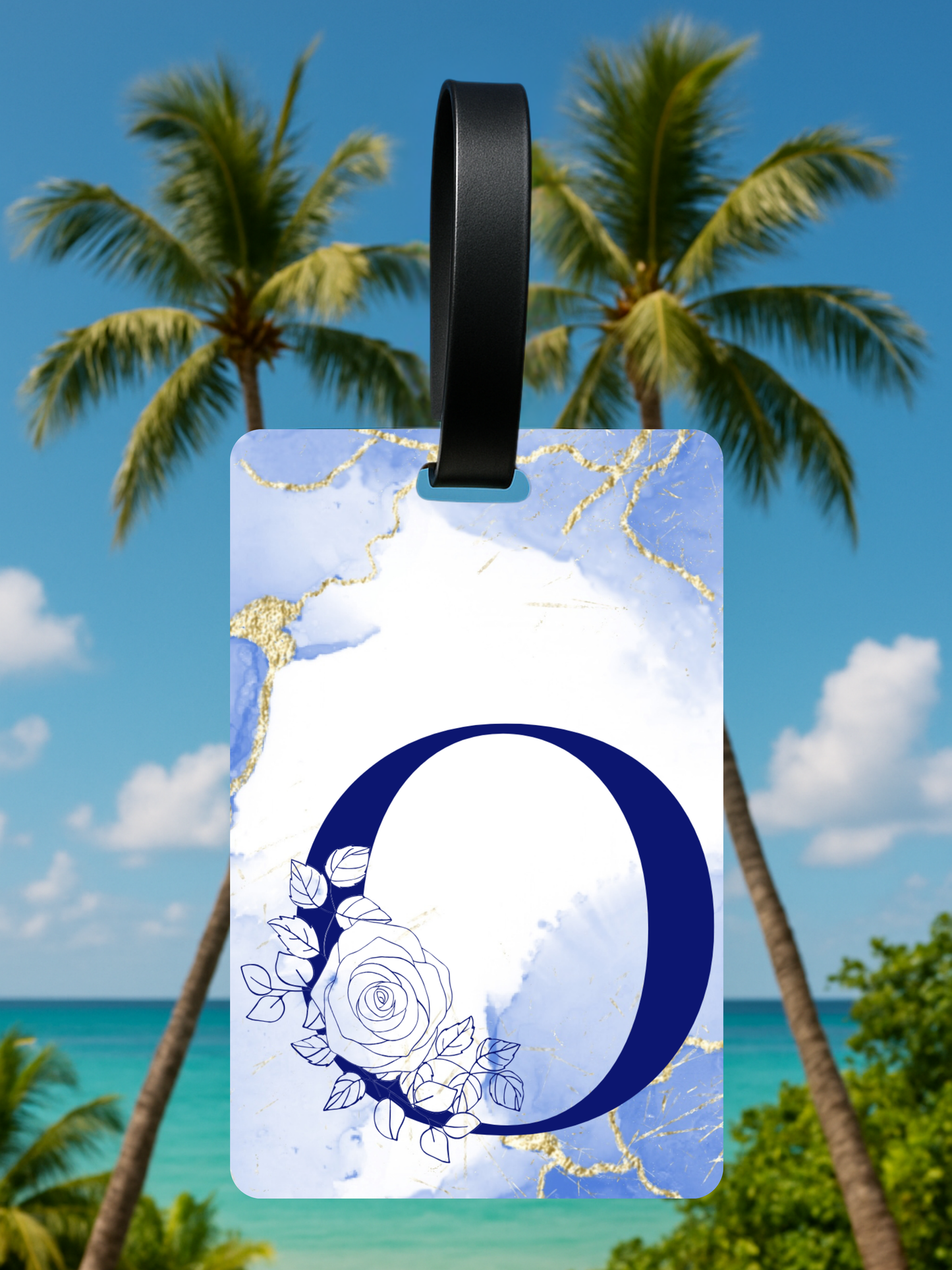 Blue Marble Monogram Luggage Tag – Custom Floral Initial Travel Tag