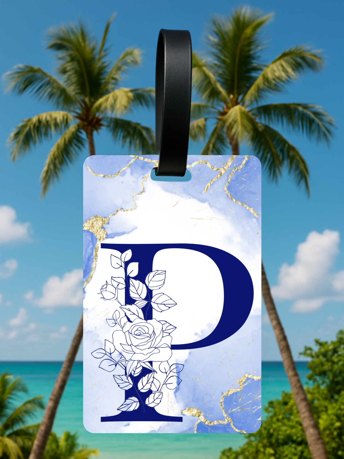 Blue Marble Monogram Luggage Tag – Custom Floral Initial Travel Tag