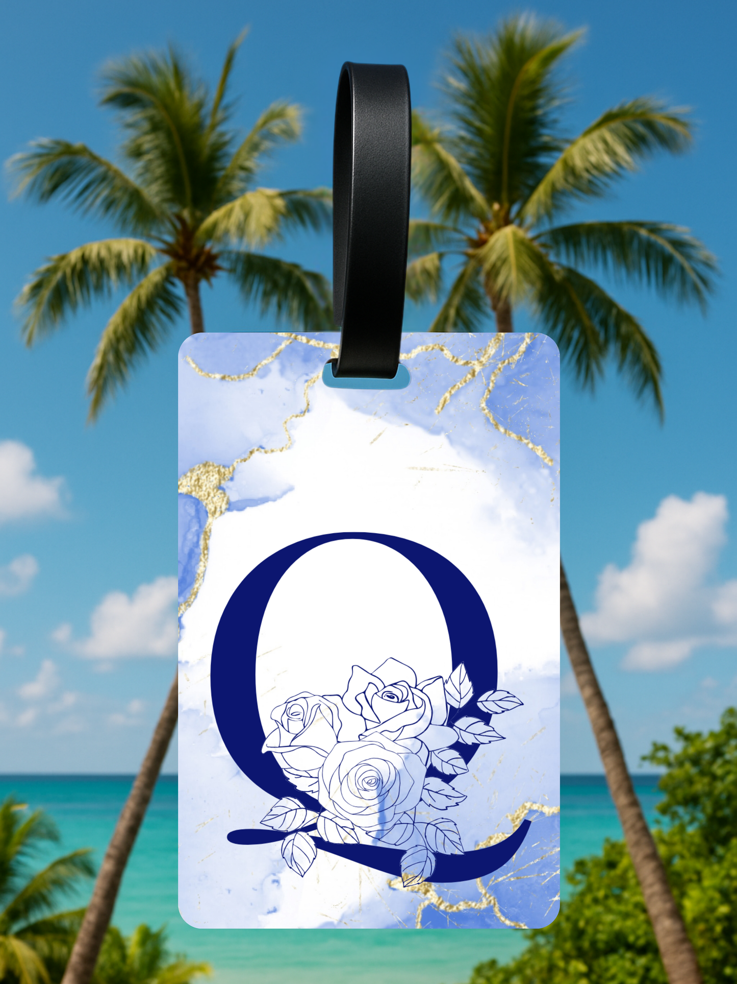 Blue Marble Monogram Luggage Tag – Custom Floral Initial Travel Tag