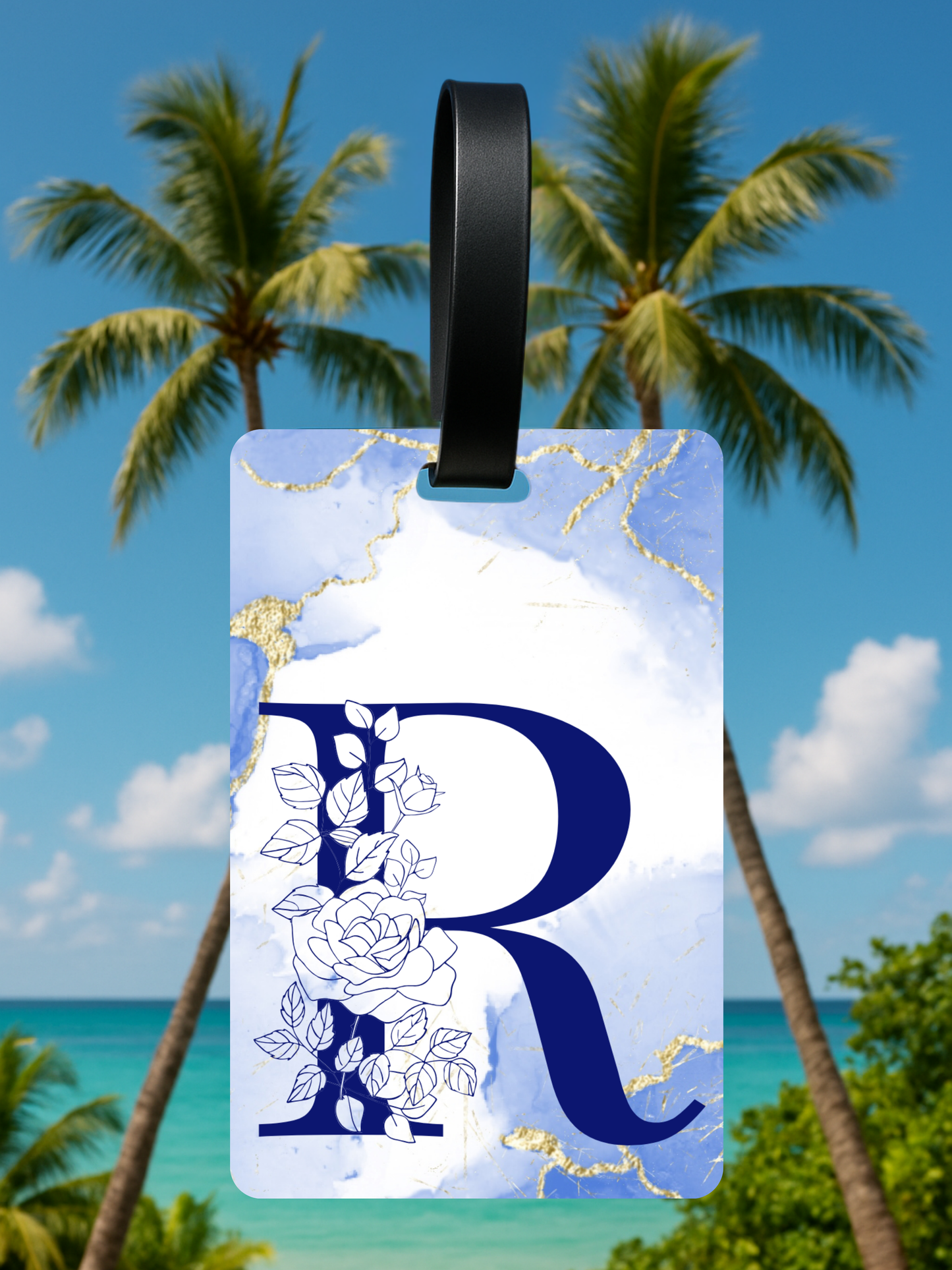 Blue Marble Monogram Luggage Tag – Custom Floral Initial Travel Tag