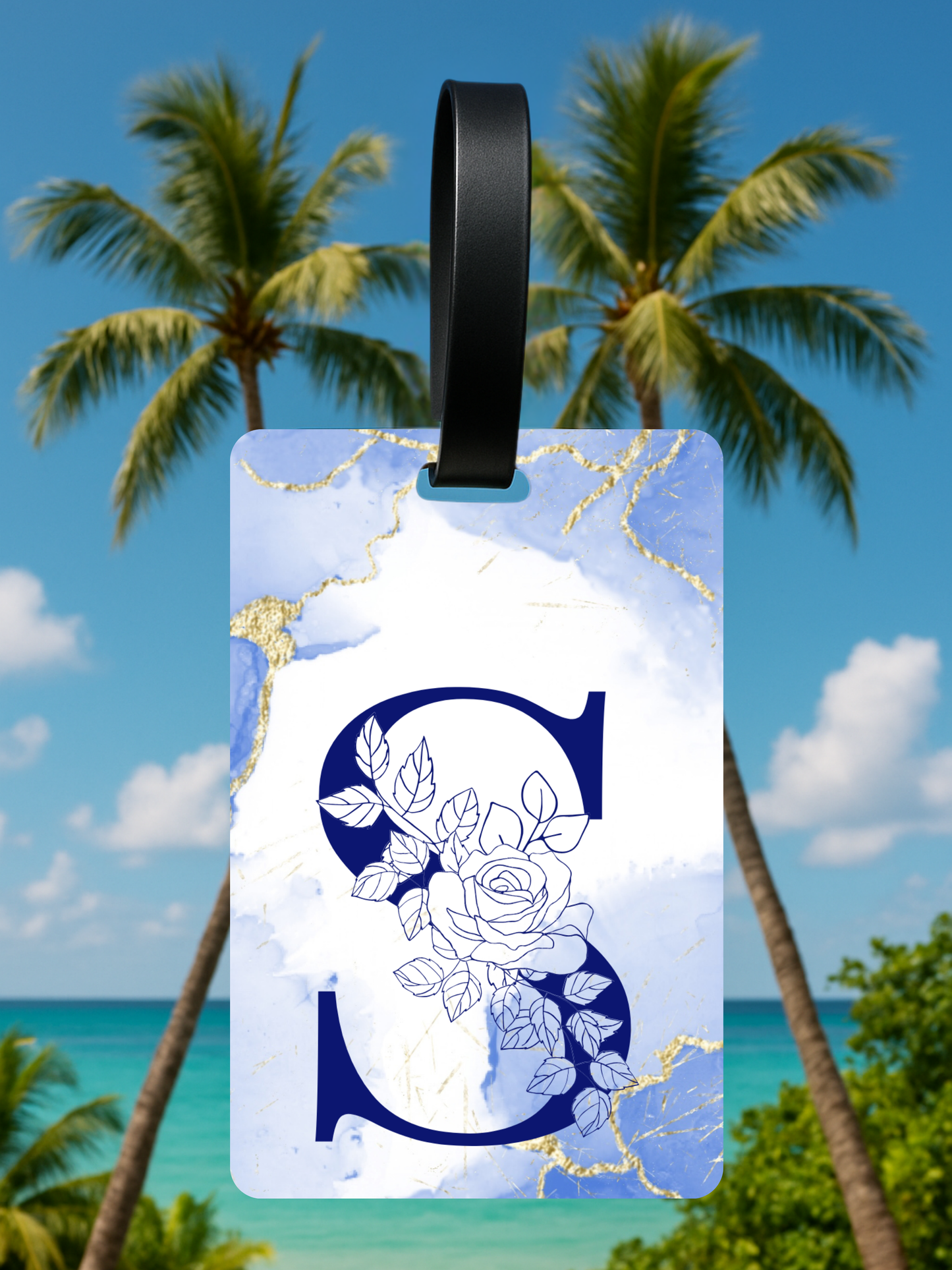 Blue Marble Monogram Luggage Tag – Custom Floral Initial Travel Tag