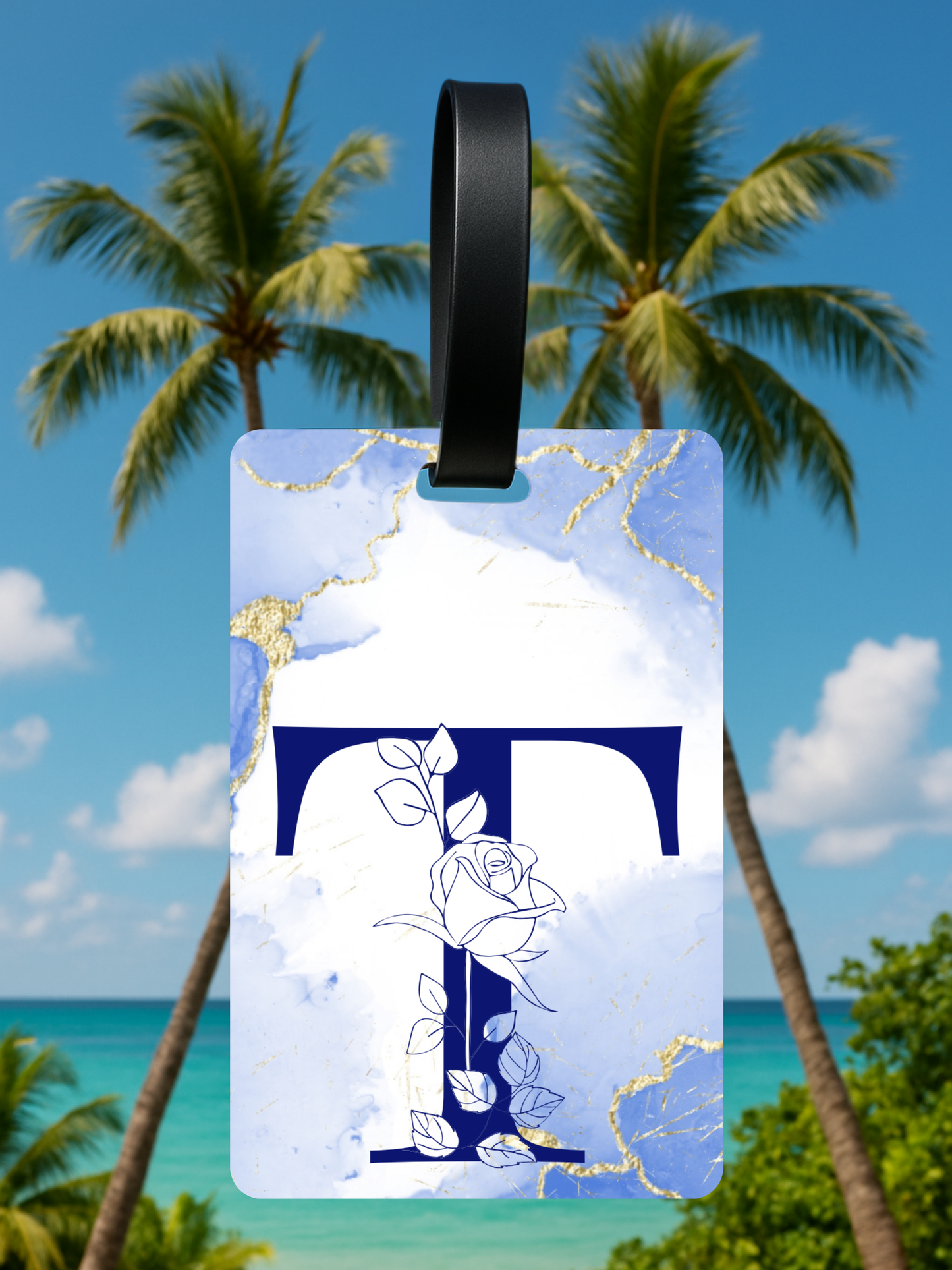 Blue Marble Monogram Luggage Tag – Custom Floral Initial Travel Tag