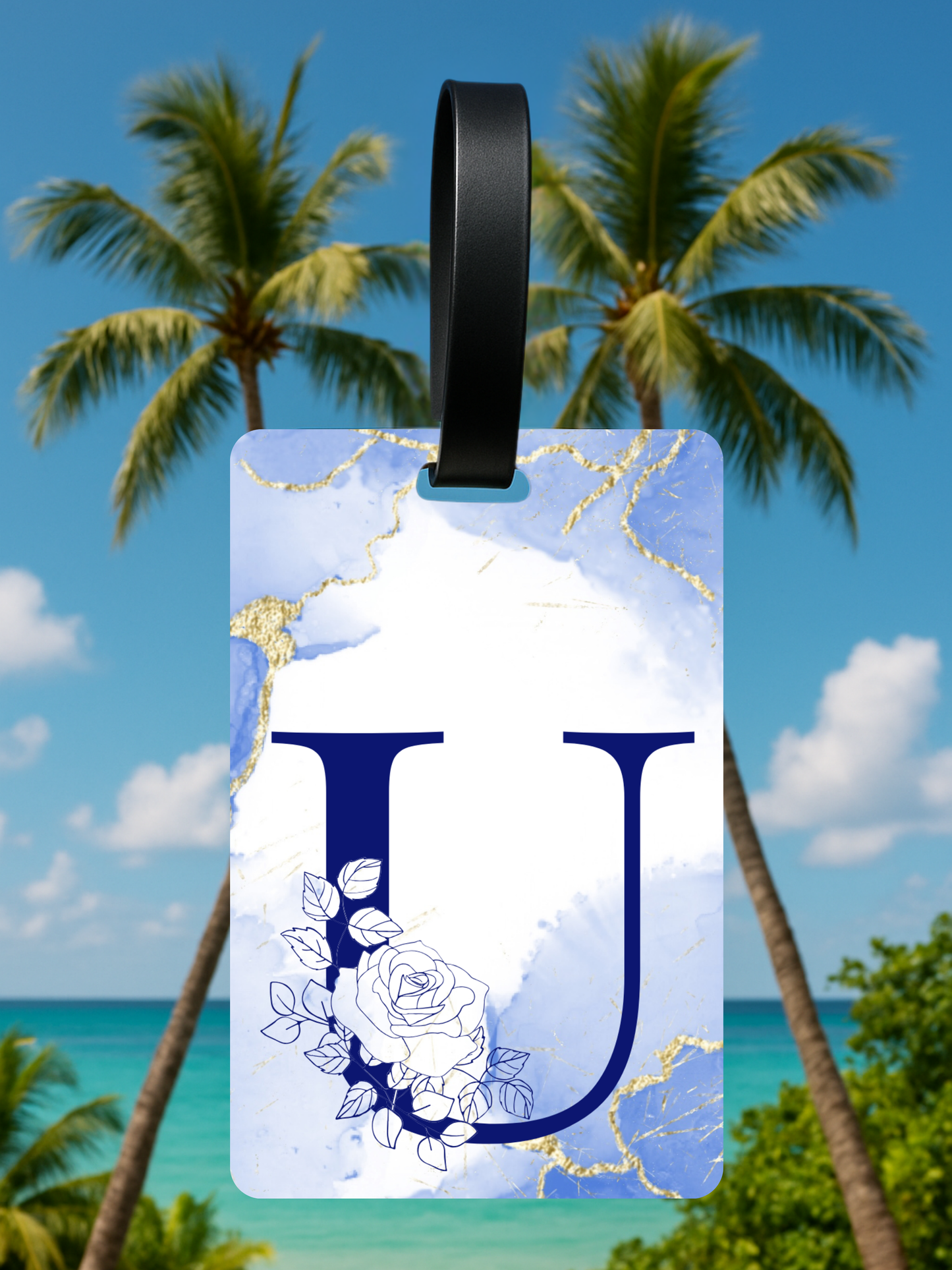 Blue Marble Monogram Luggage Tag – Custom Floral Initial Travel Tag