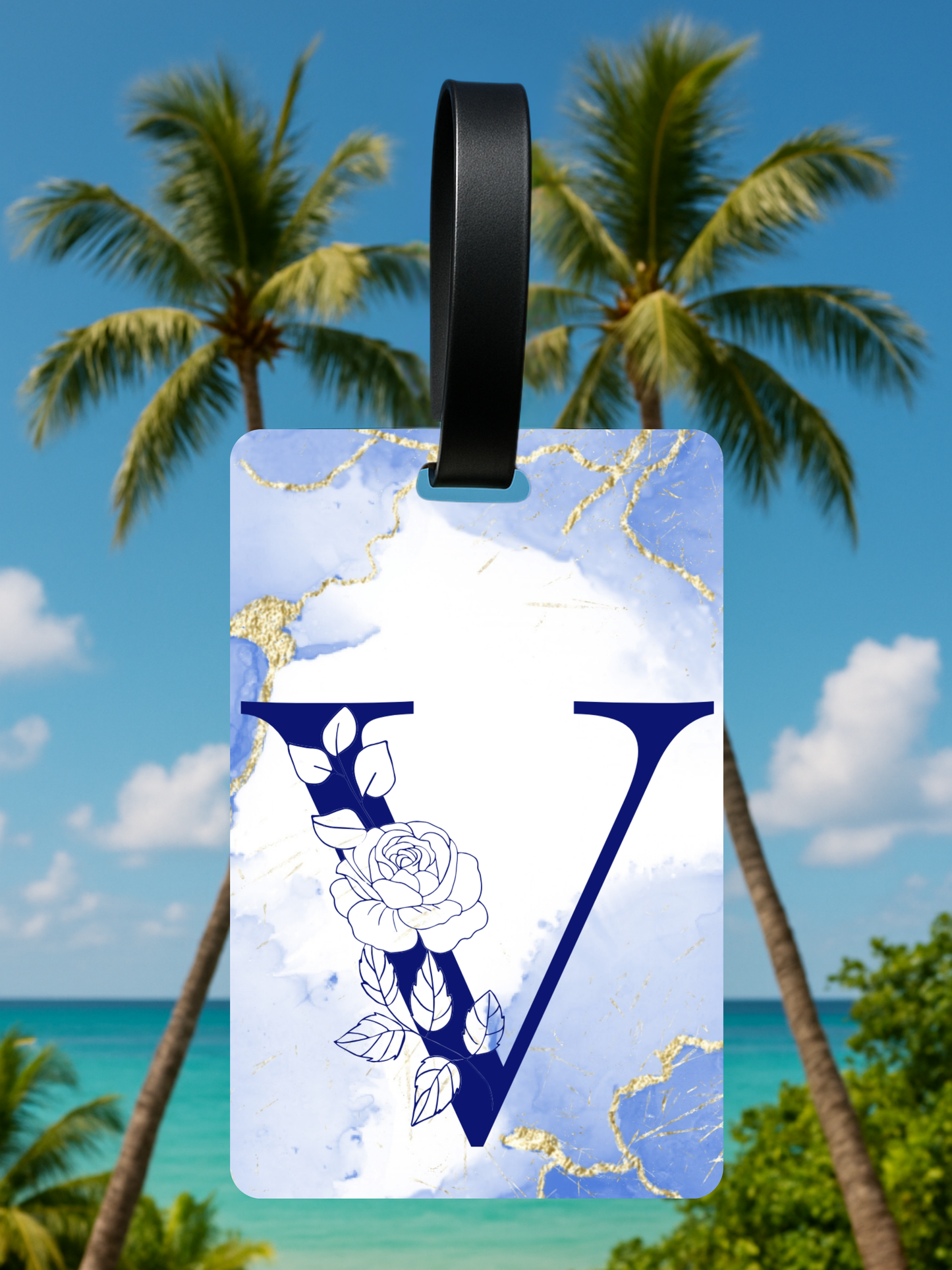 Blue Marble Monogram Luggage Tag – Custom Floral Initial Travel Tag