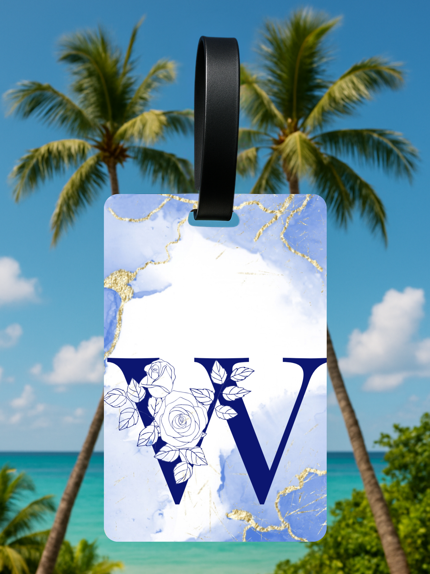 Blue Marble Monogram Luggage Tag – Custom Floral Initial Travel Tag