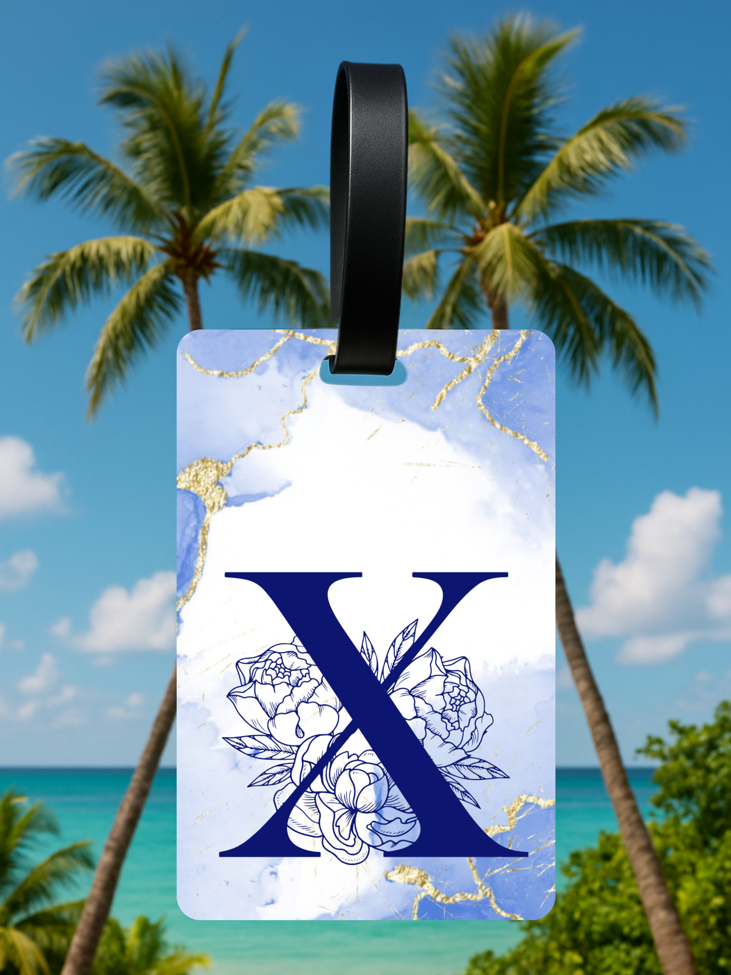 Blue Marble Monogram Luggage Tag – Custom Floral Initial Travel Tag