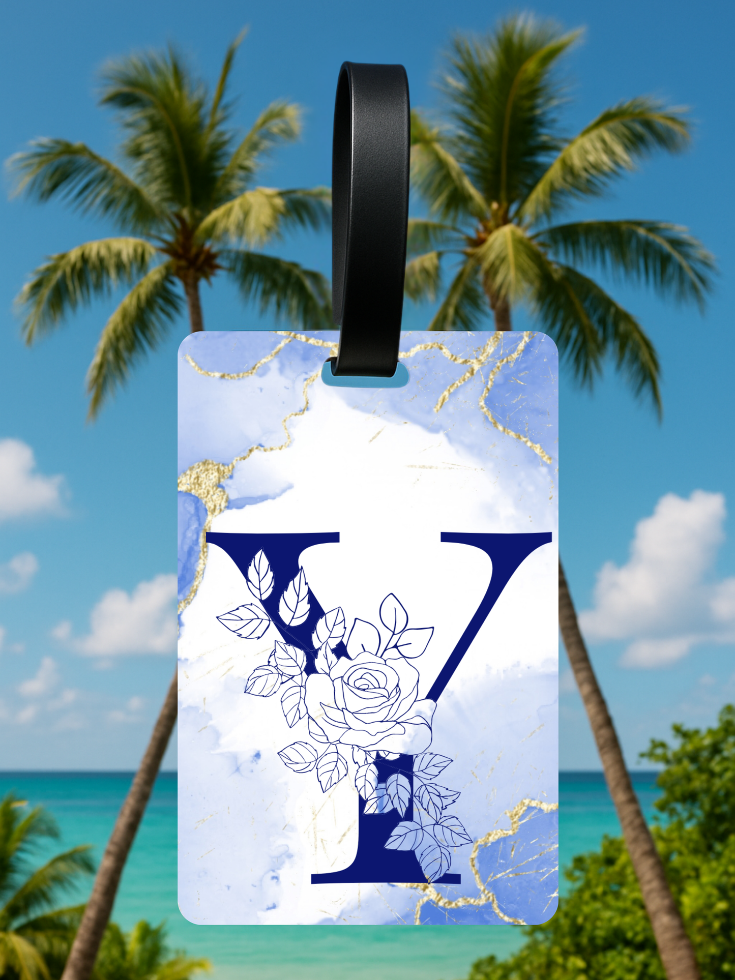 Blue Marble Monogram Luggage Tag – Custom Floral Initial Travel Tag
