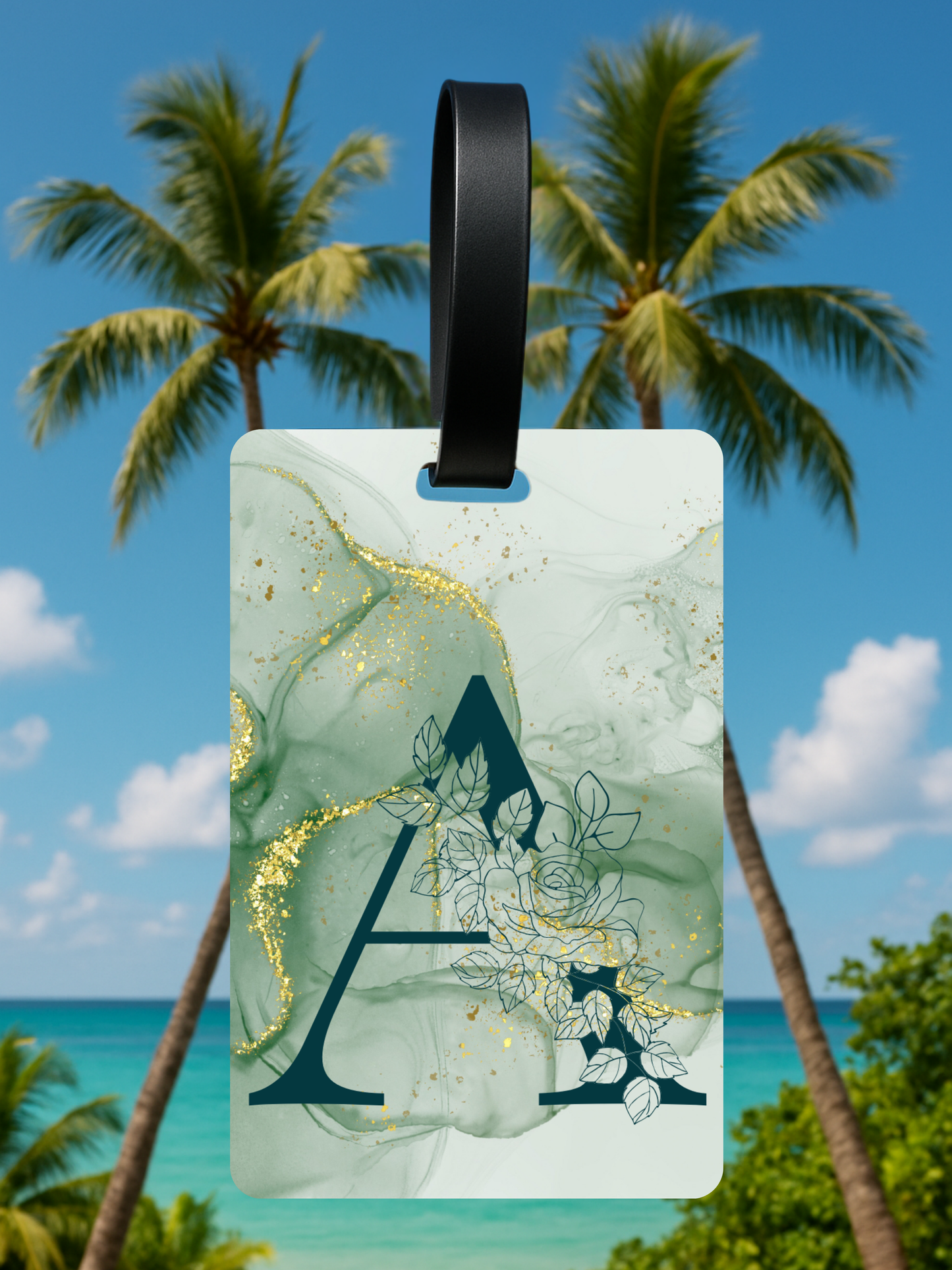 Green Marble Monogram Luggage Tag – Custom Floral Initial Travel Tag