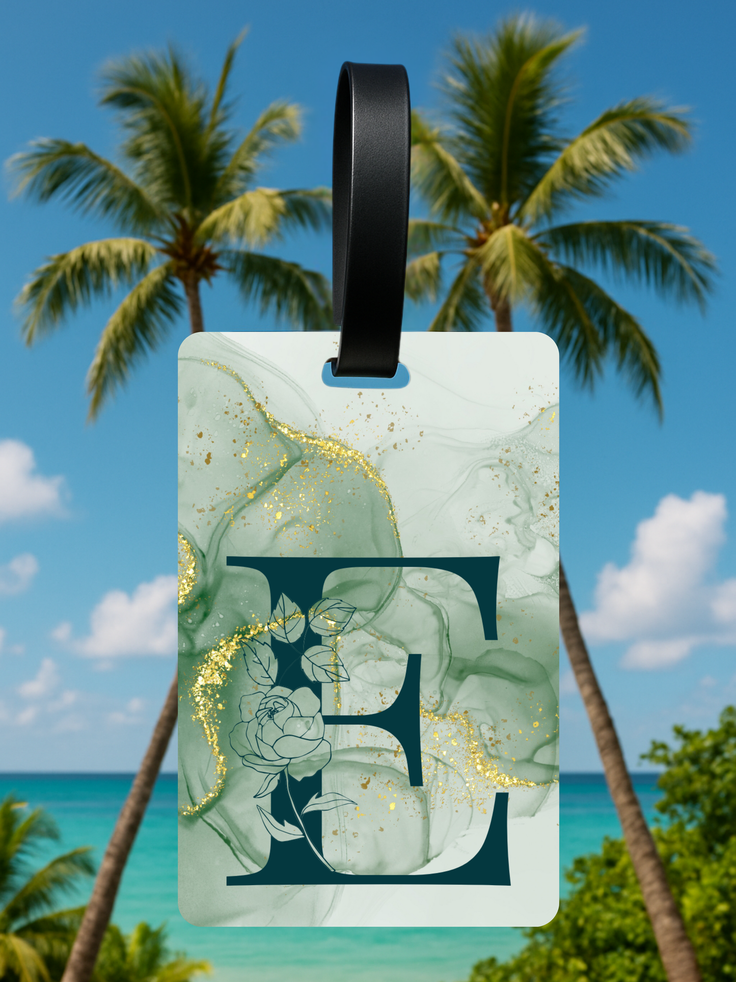 Green Marble Monogram Luggage Tag – Custom Floral Initial Travel Tag