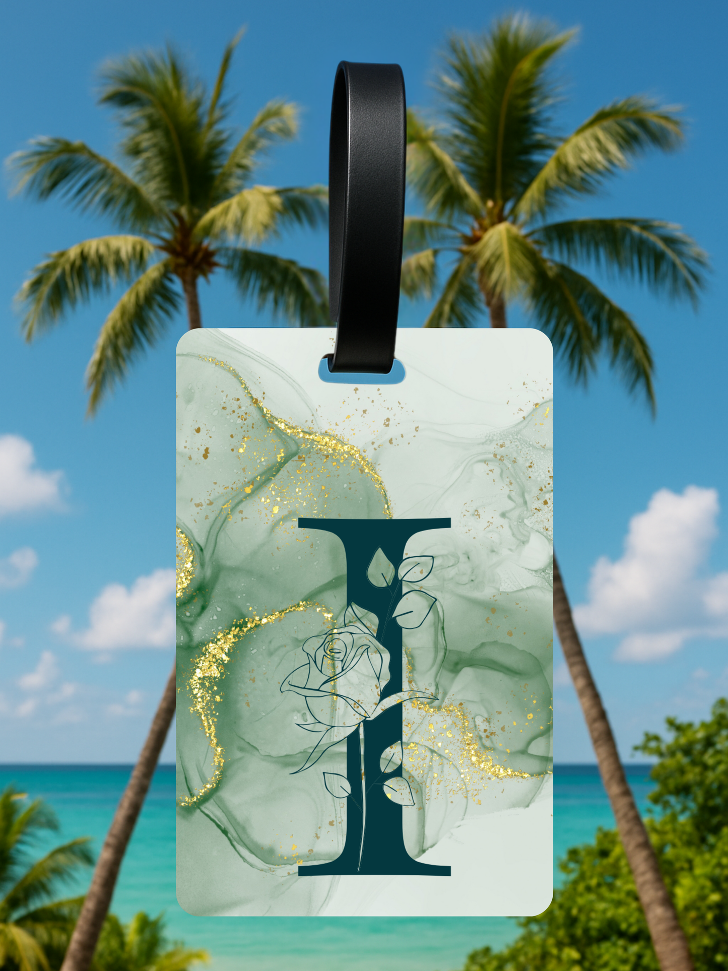 Green Marble Monogram Luggage Tag – Custom Floral Initial Travel Tag