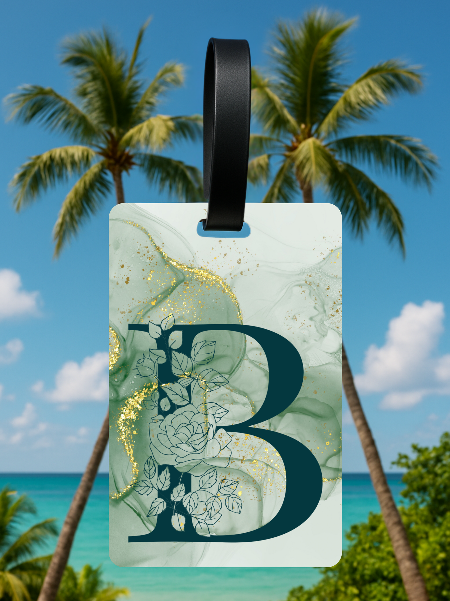 Green Marble Monogram Luggage Tag – Custom Floral Initial Travel Tag