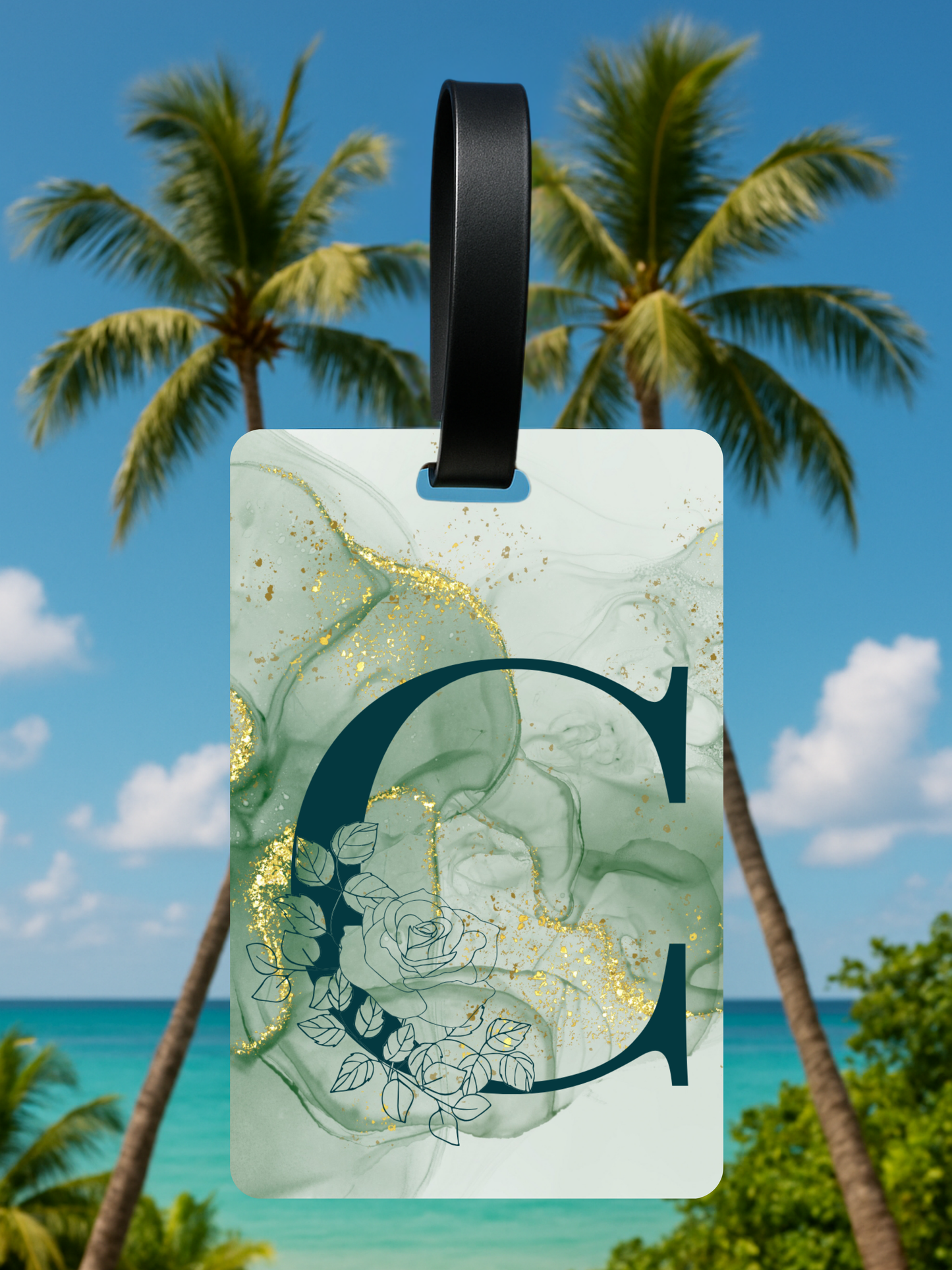 Green Marble Monogram Luggage Tag – Custom Floral Initial Travel Tag
