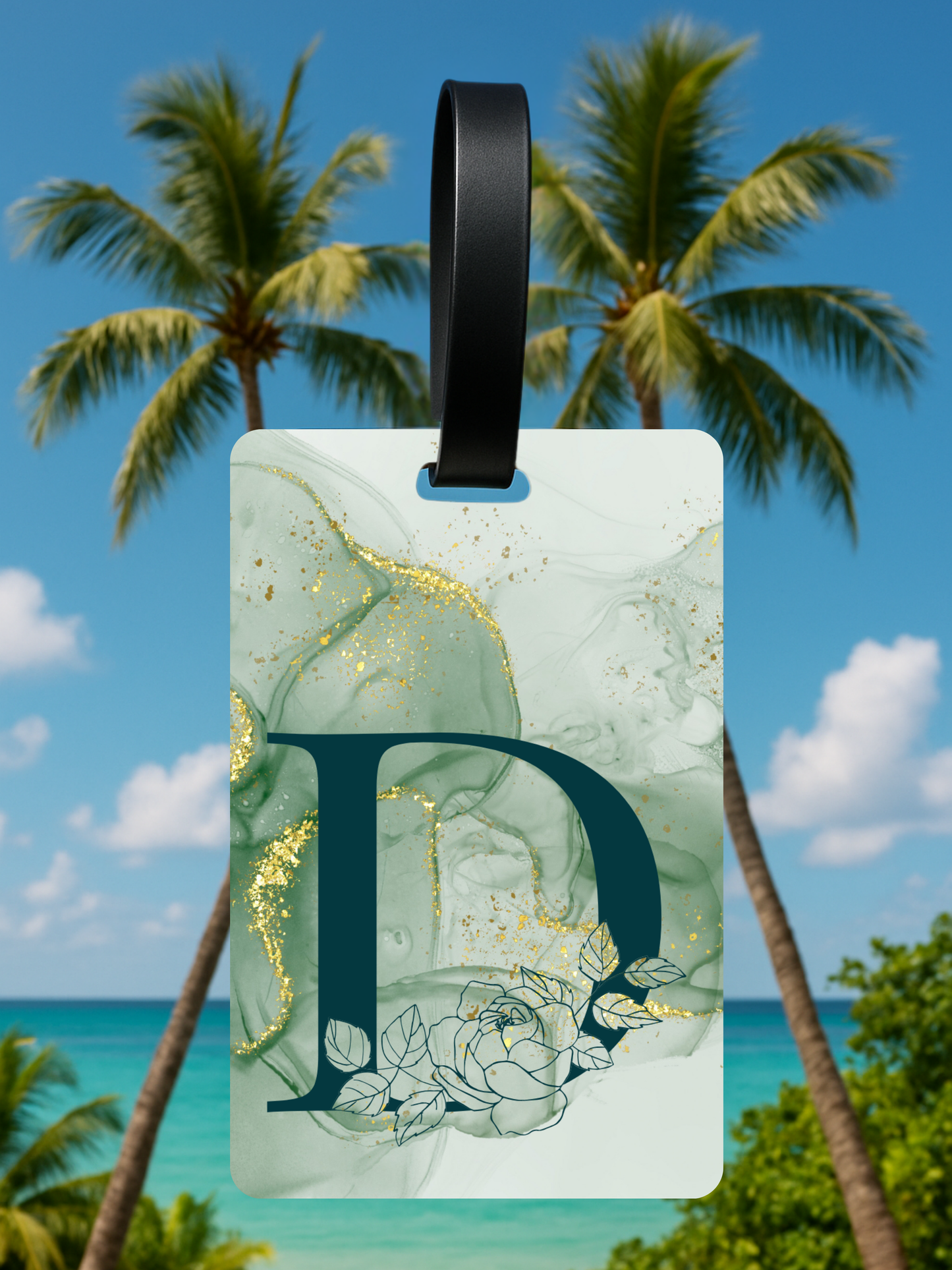 Green Marble Monogram Luggage Tag – Custom Floral Initial Travel Tag