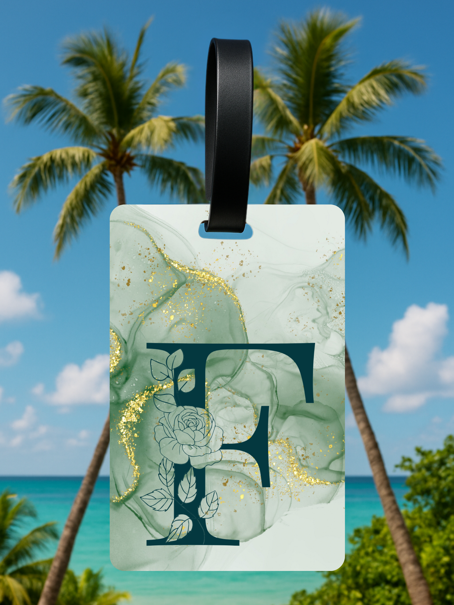 Green Marble Monogram Luggage Tag – Custom Floral Initial Travel Tag