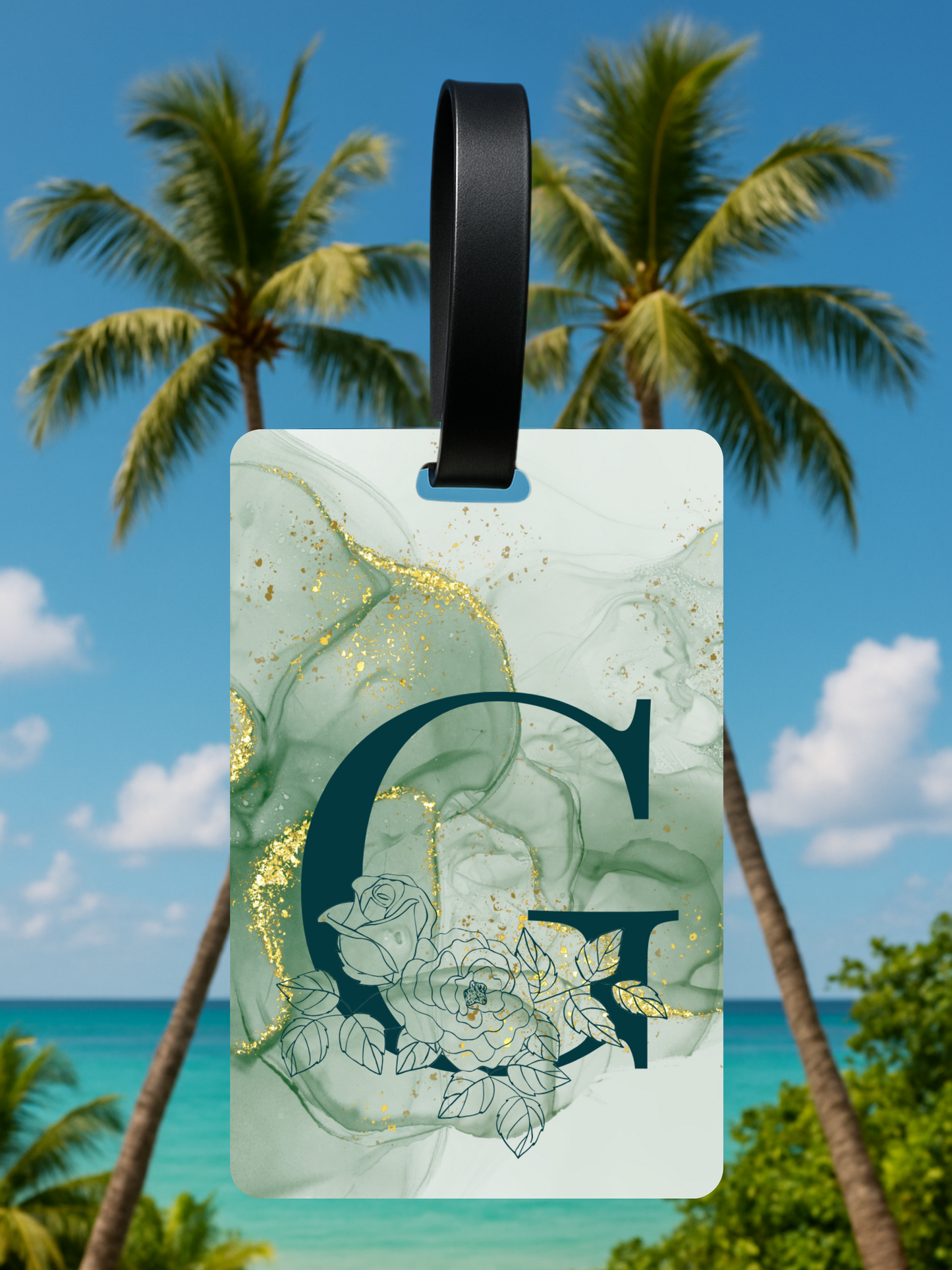 Green Marble Monogram Luggage Tag – Custom Floral Initial Travel Tag