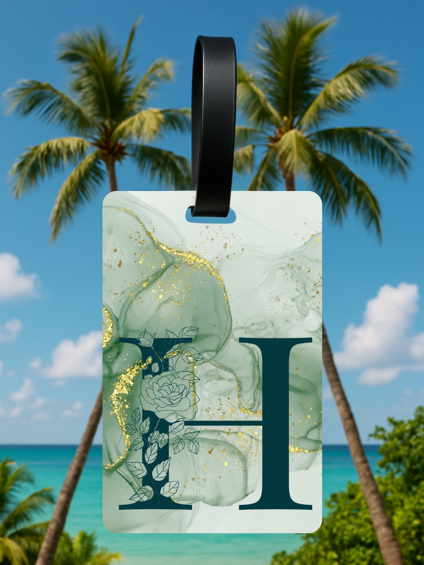 Green Marble Monogram Luggage Tag – Custom Floral Initial Travel Tag
