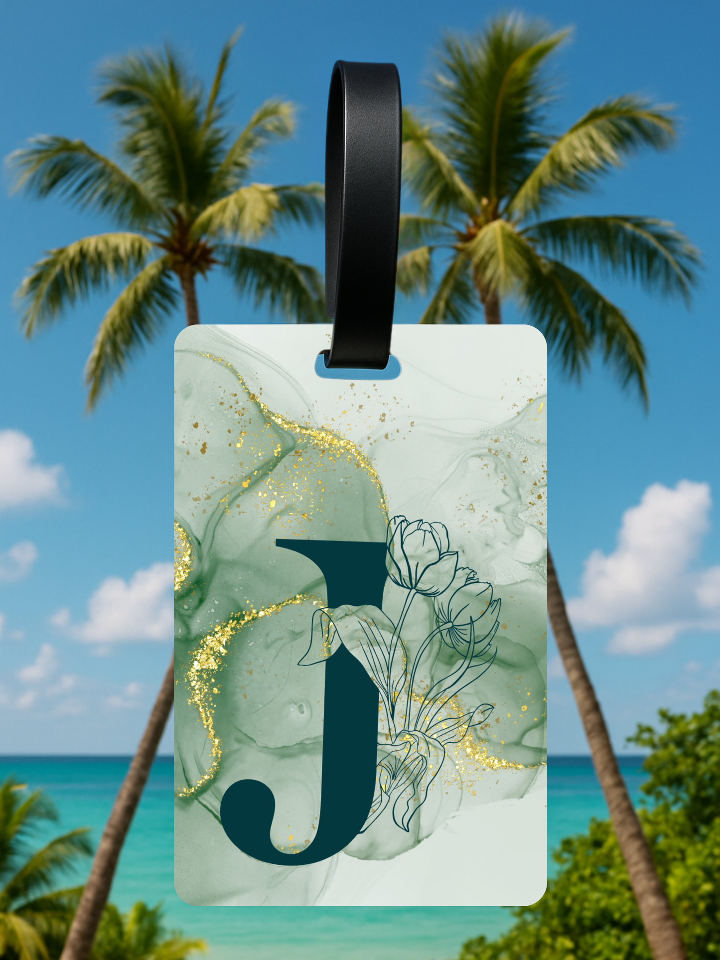 Green Marble Monogram Luggage Tag – Custom Floral Initial Travel Tag