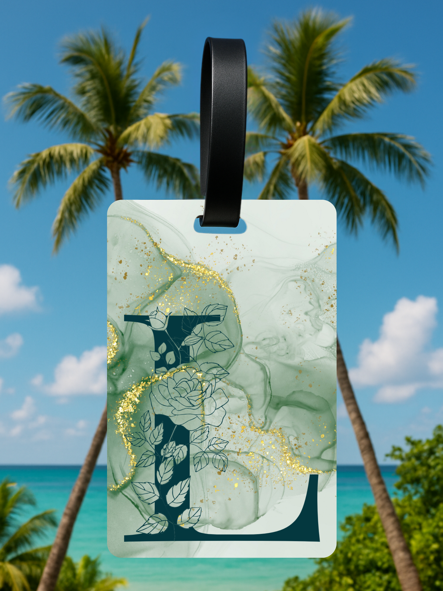 Green Marble Monogram Luggage Tag – Custom Floral Initial Travel Tag