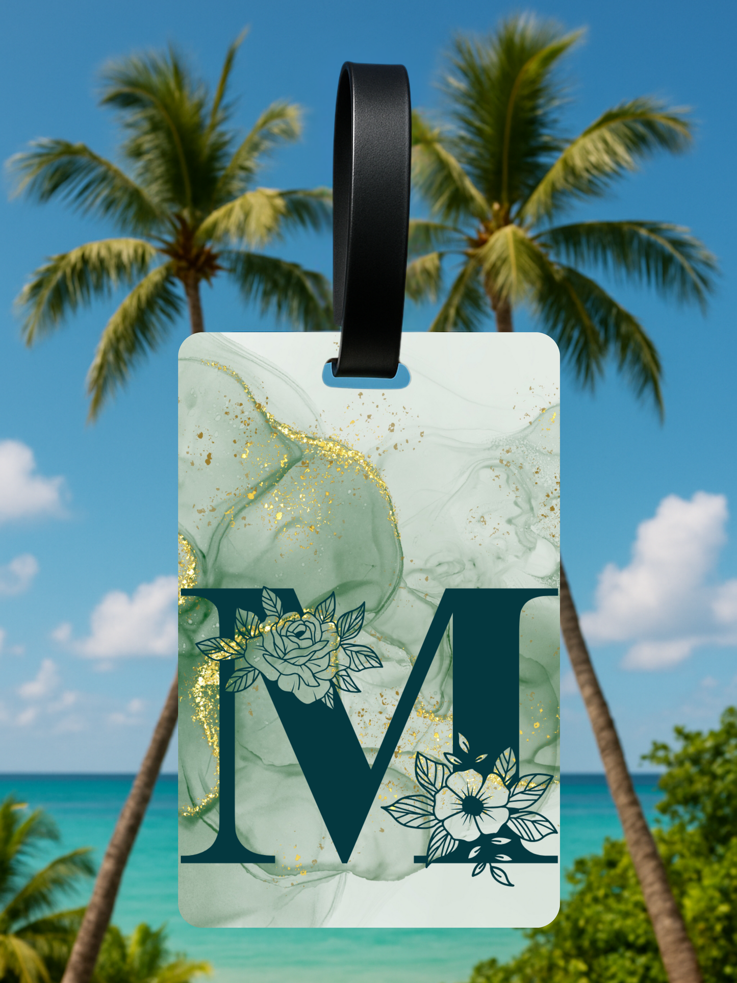 Green Marble Monogram Luggage Tag – Custom Floral Initial Travel Tag