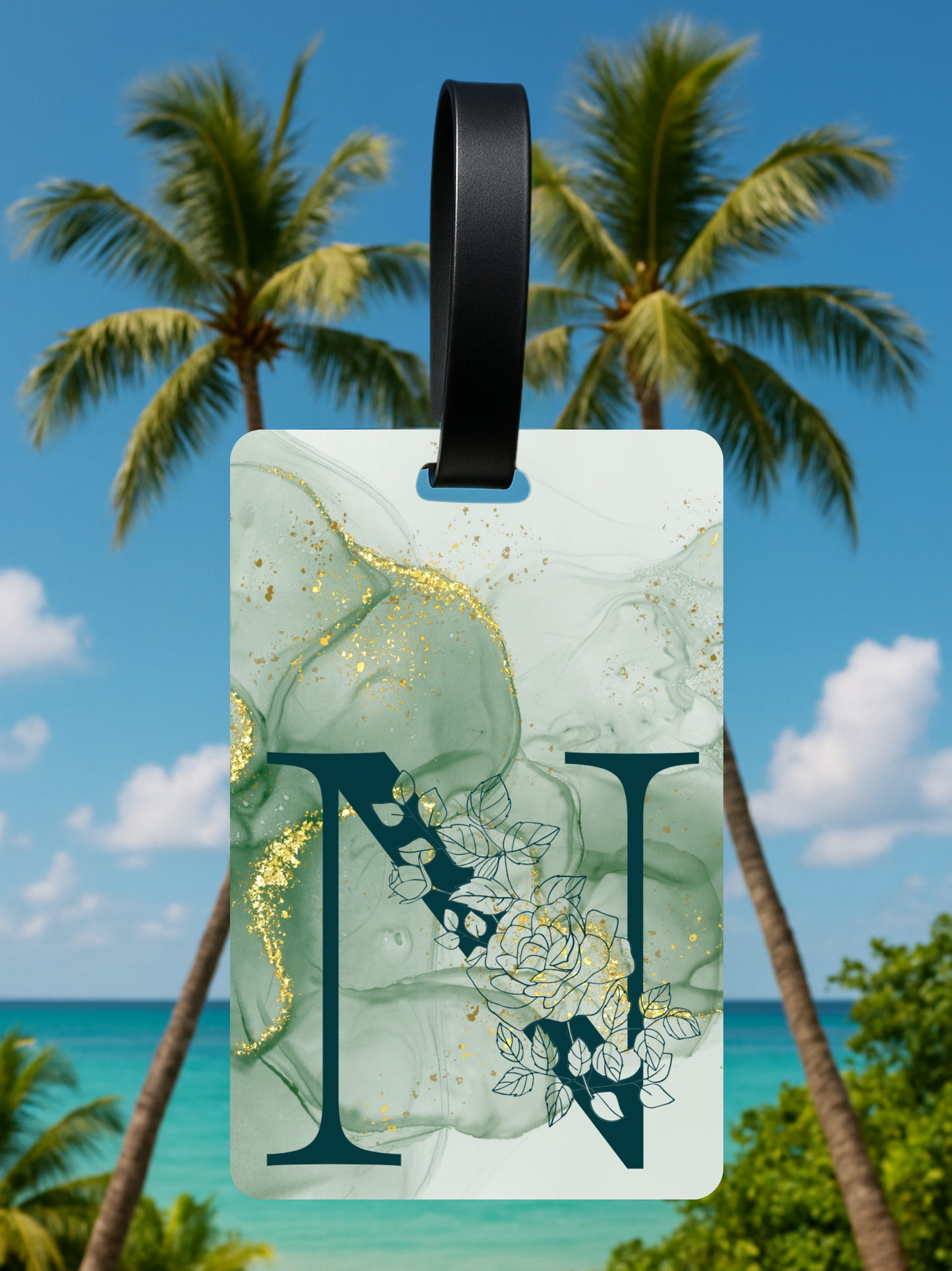 Green Marble Monogram Luggage Tag – Custom Floral Initial Travel Tag