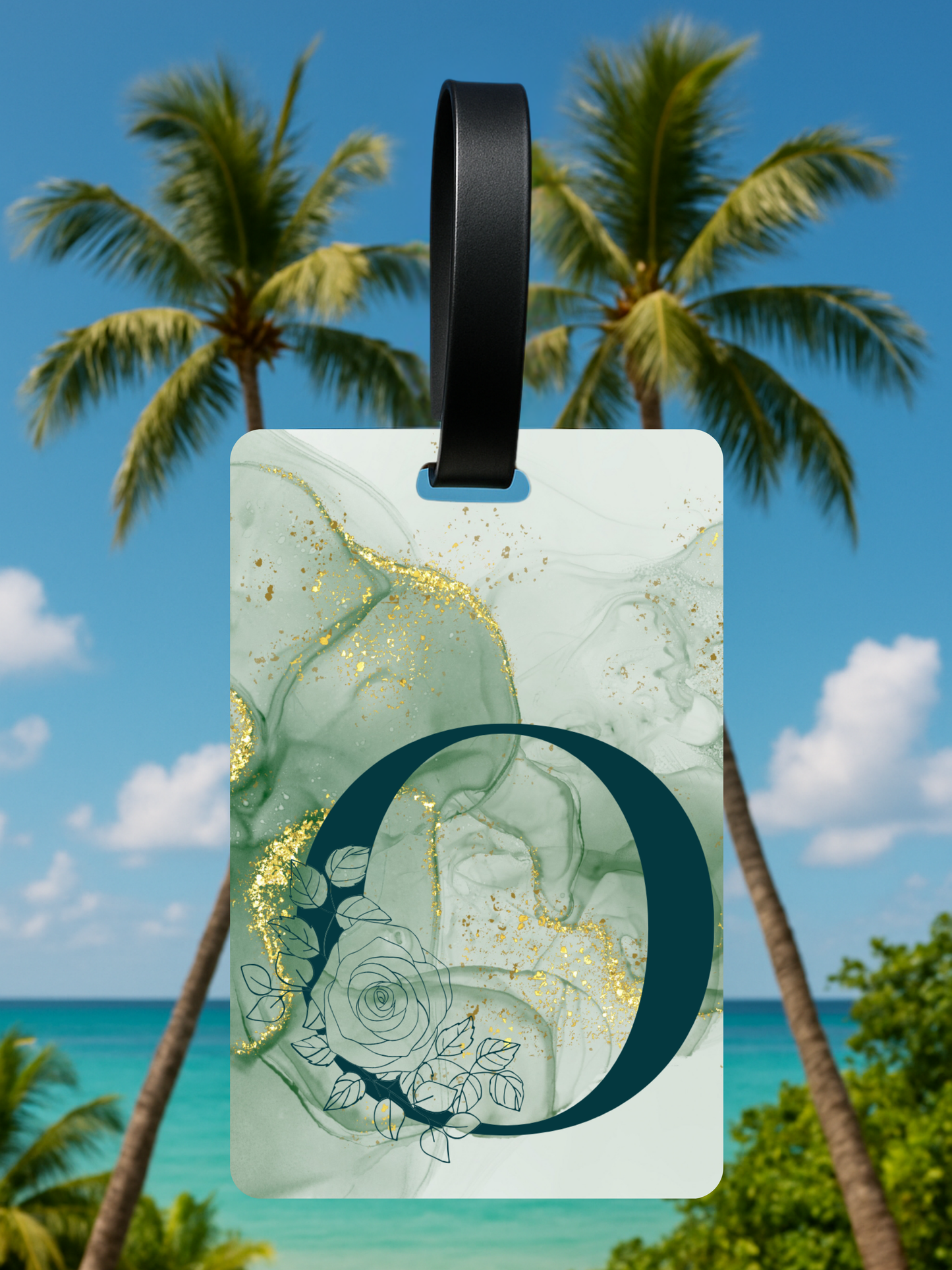 Green Marble Monogram Luggage Tag – Custom Floral Initial Travel Tag