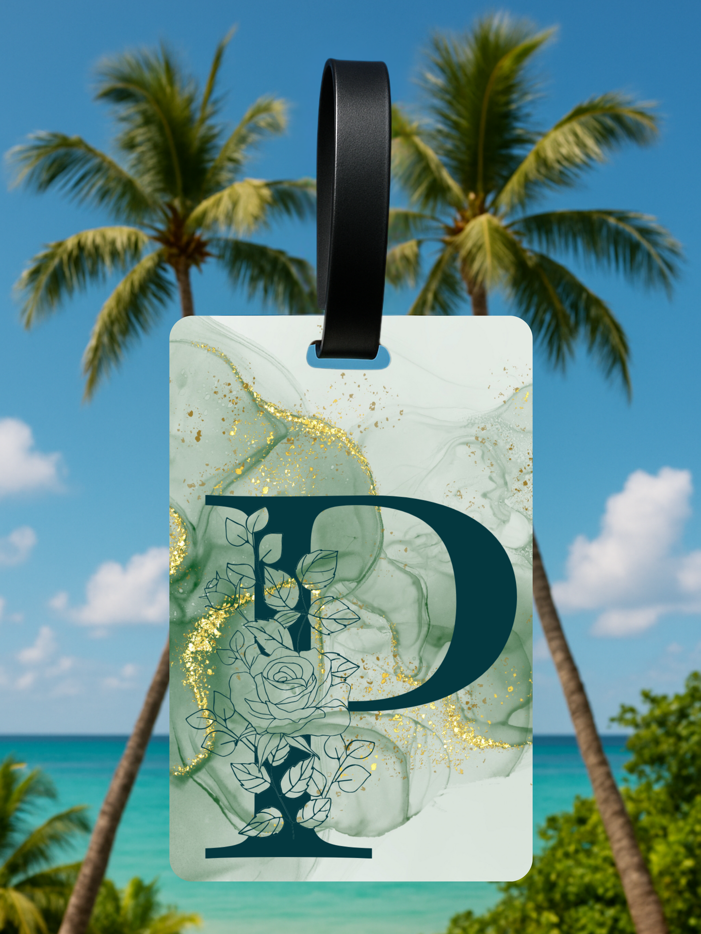 Green Marble Monogram Luggage Tag – Custom Floral Initial Travel Tag