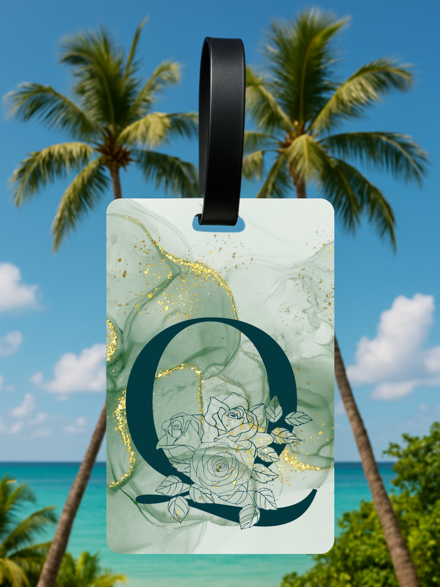 Green Marble Monogram Luggage Tag – Custom Floral Initial Travel Tag