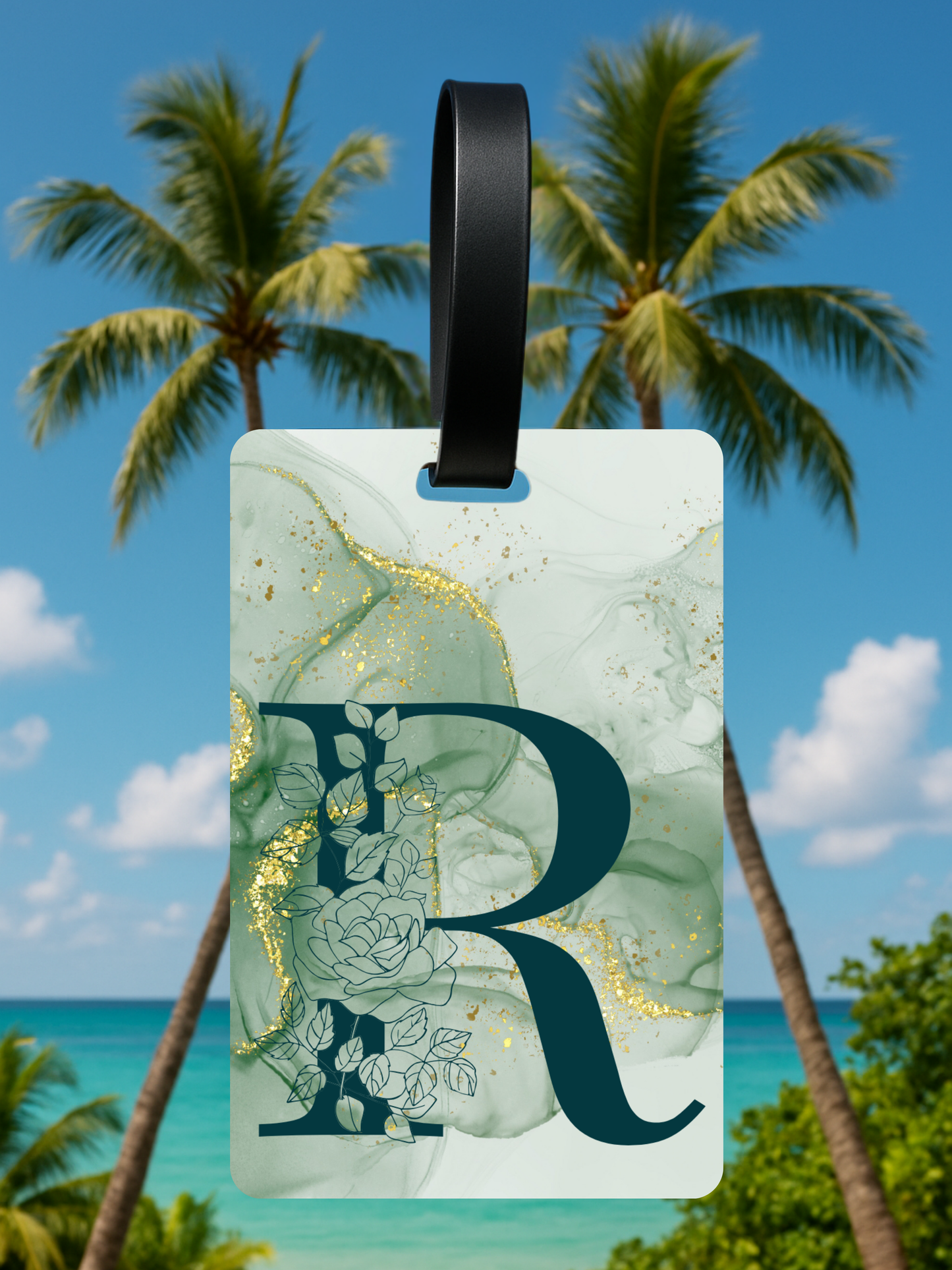 Green Marble Monogram Luggage Tag – Custom Floral Initial Travel Tag