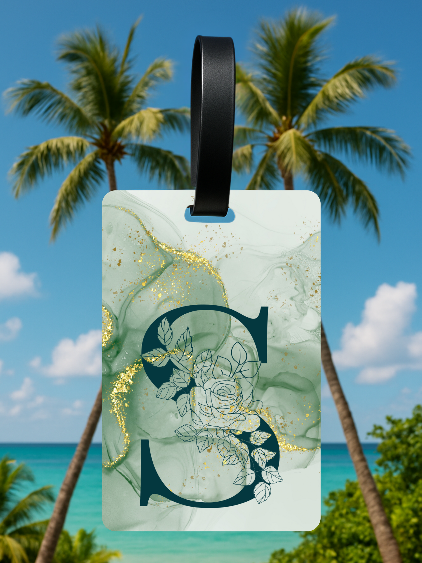 Green Marble Monogram Luggage Tag – Custom Floral Initial Travel Tag