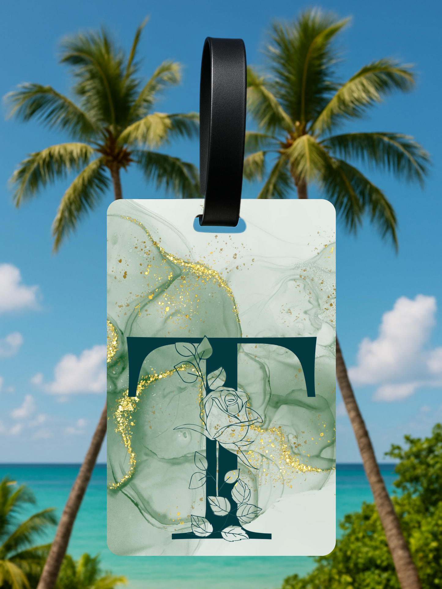Green Marble Monogram Luggage Tag – Custom Floral Initial Travel Tag