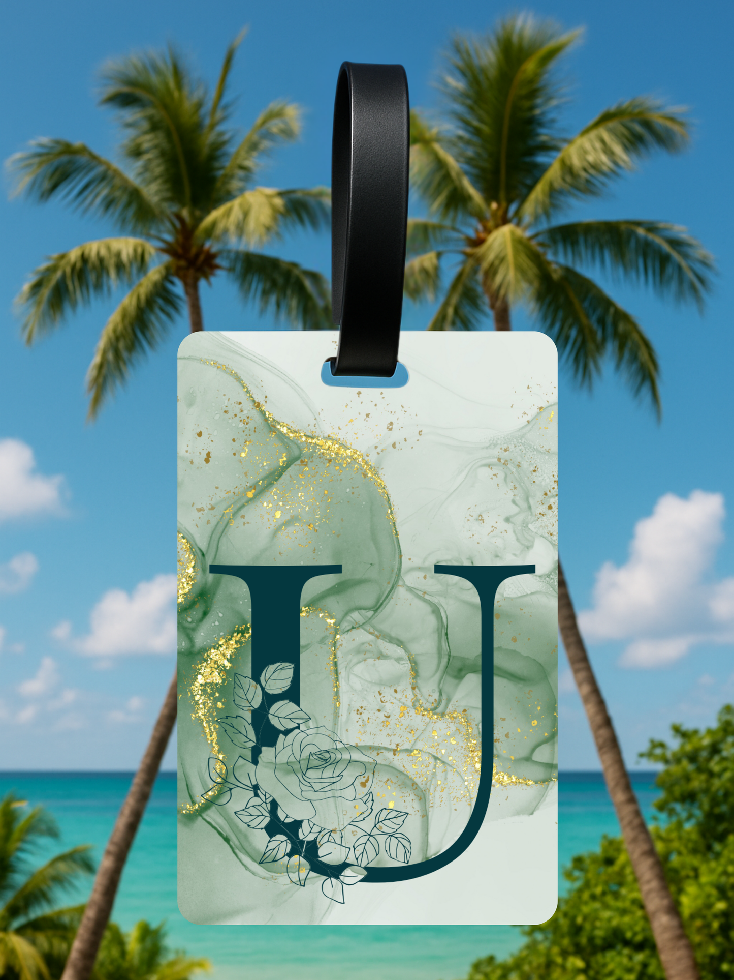 Green Marble Monogram Luggage Tag – Custom Floral Initial Travel Tag