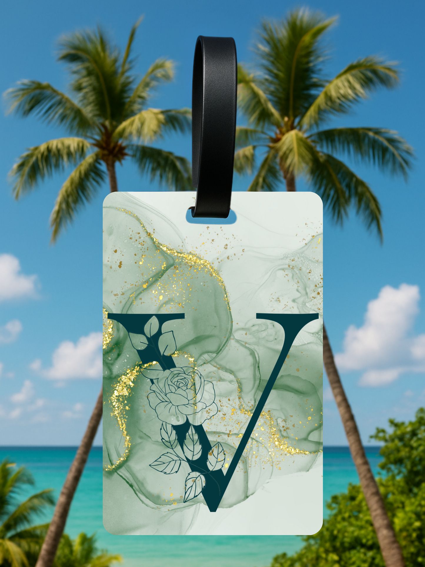 Green Marble Monogram Luggage Tag – Custom Floral Initial Travel Tag