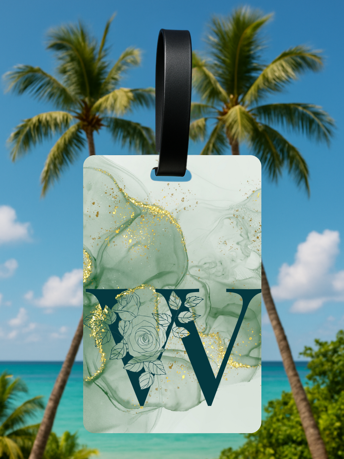 Green Marble Monogram Luggage Tag – Custom Floral Initial Travel Tag