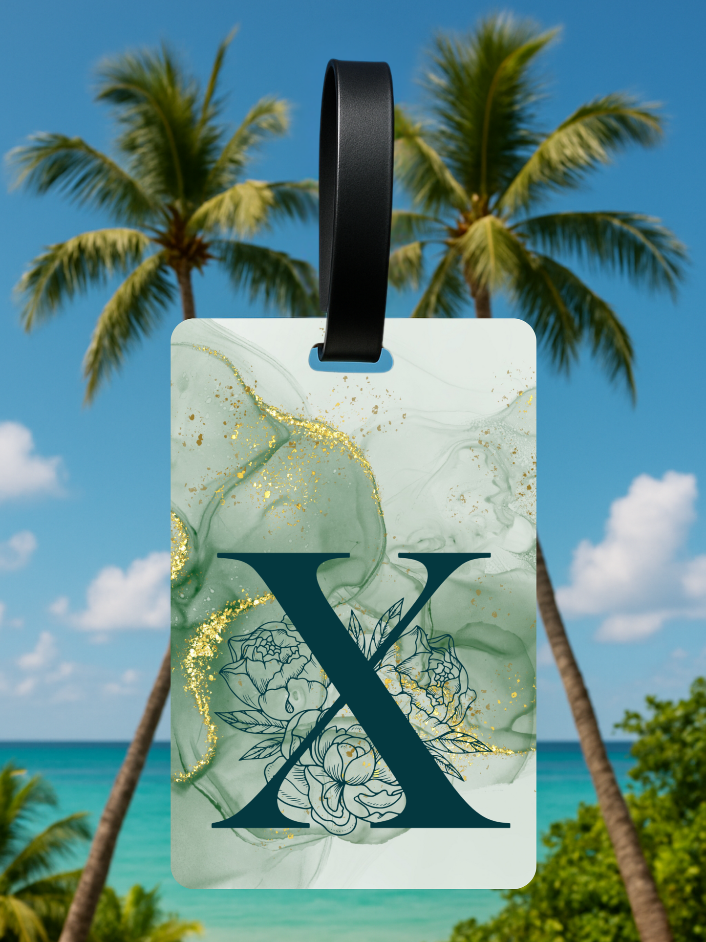 Green Marble Monogram Luggage Tag – Custom Floral Initial Travel Tag