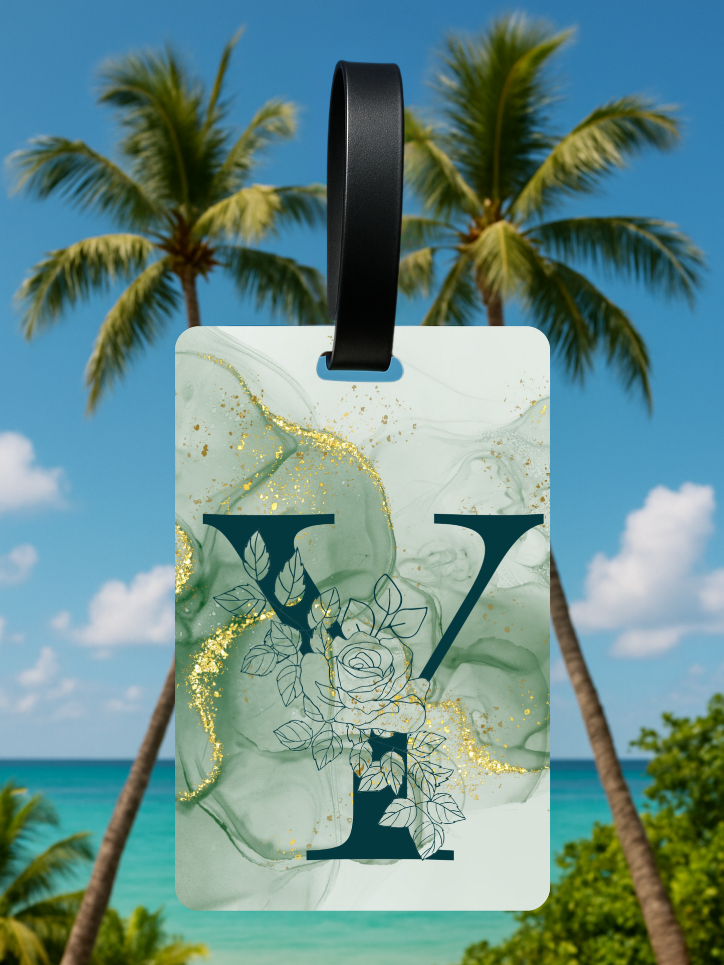 Green Marble Monogram Luggage Tag – Custom Floral Initial Travel Tag